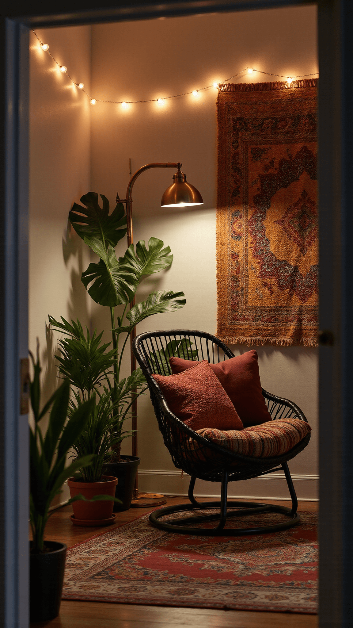 Modern bedroom alcove with black metal hammock chair, warm LED string lights, kilim pillows, brass floor lamp, wall tapestry, and Monstera plants under moody dusk lighting.