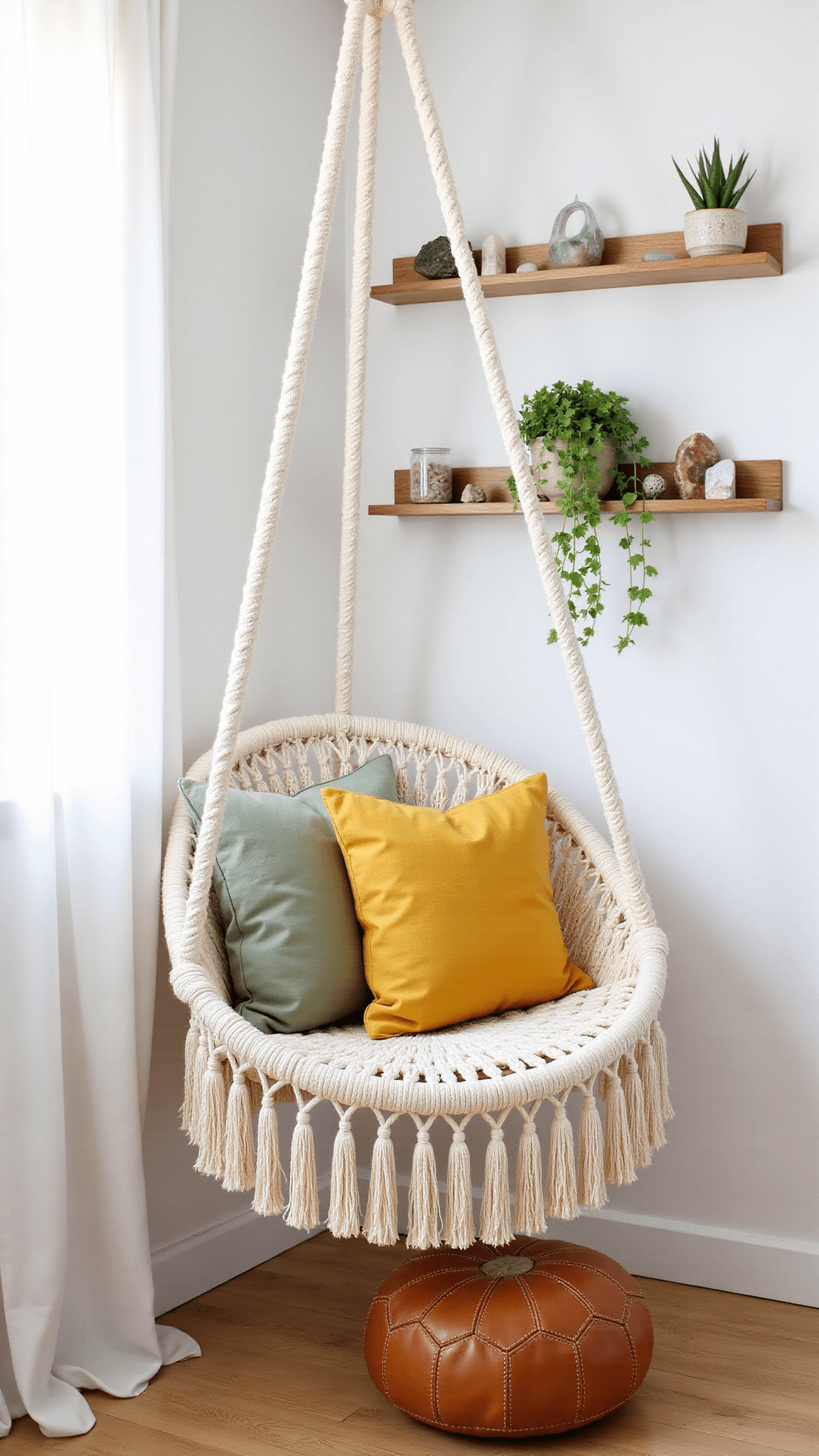 Cozy 10x12ft reading nook with cream macrame swing chair, sage and mustard tasseled cushions, floating shelf with crystals and air plants, and camel leather Moroccan pouf, all bathed in mid-morning light.