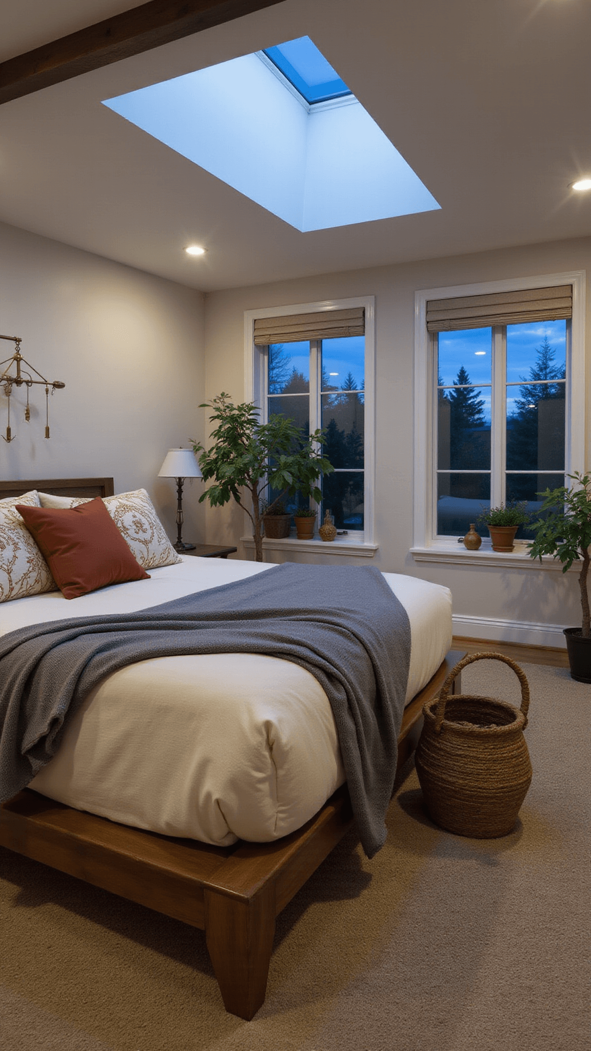 Twilight-lit airy bedroom with slate grey hammock, mudcloth throws, embroidered pillows, olive trees, and brass mobile overhead.