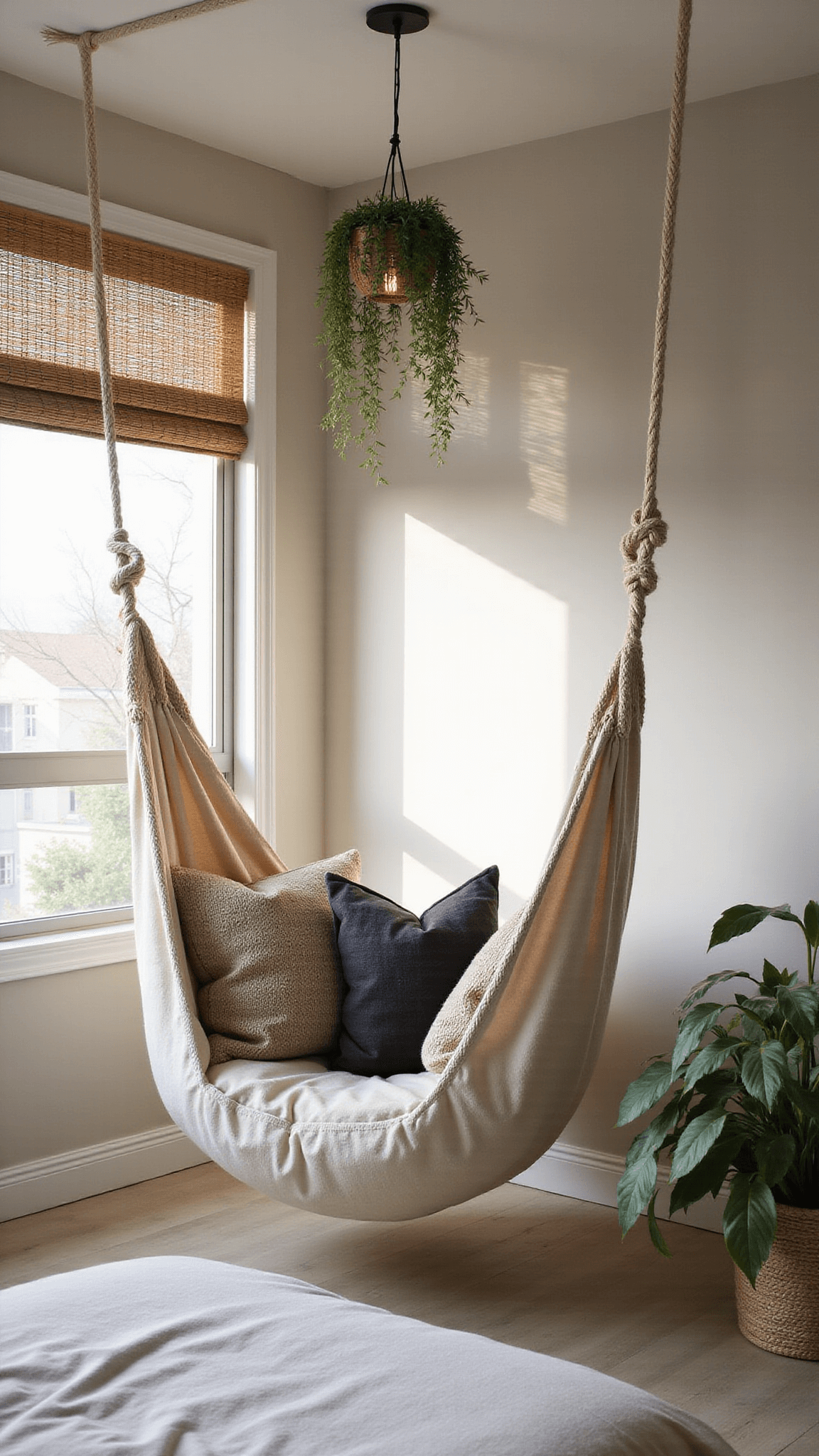 Minimalist 14x14ft bedroom corner with suspended oatmeal linen hammock, dramatic morning shadows from bamboo blinds, charcoal and sand hand-loomed pillows, hanging air plants, and natural fiber pendant light.