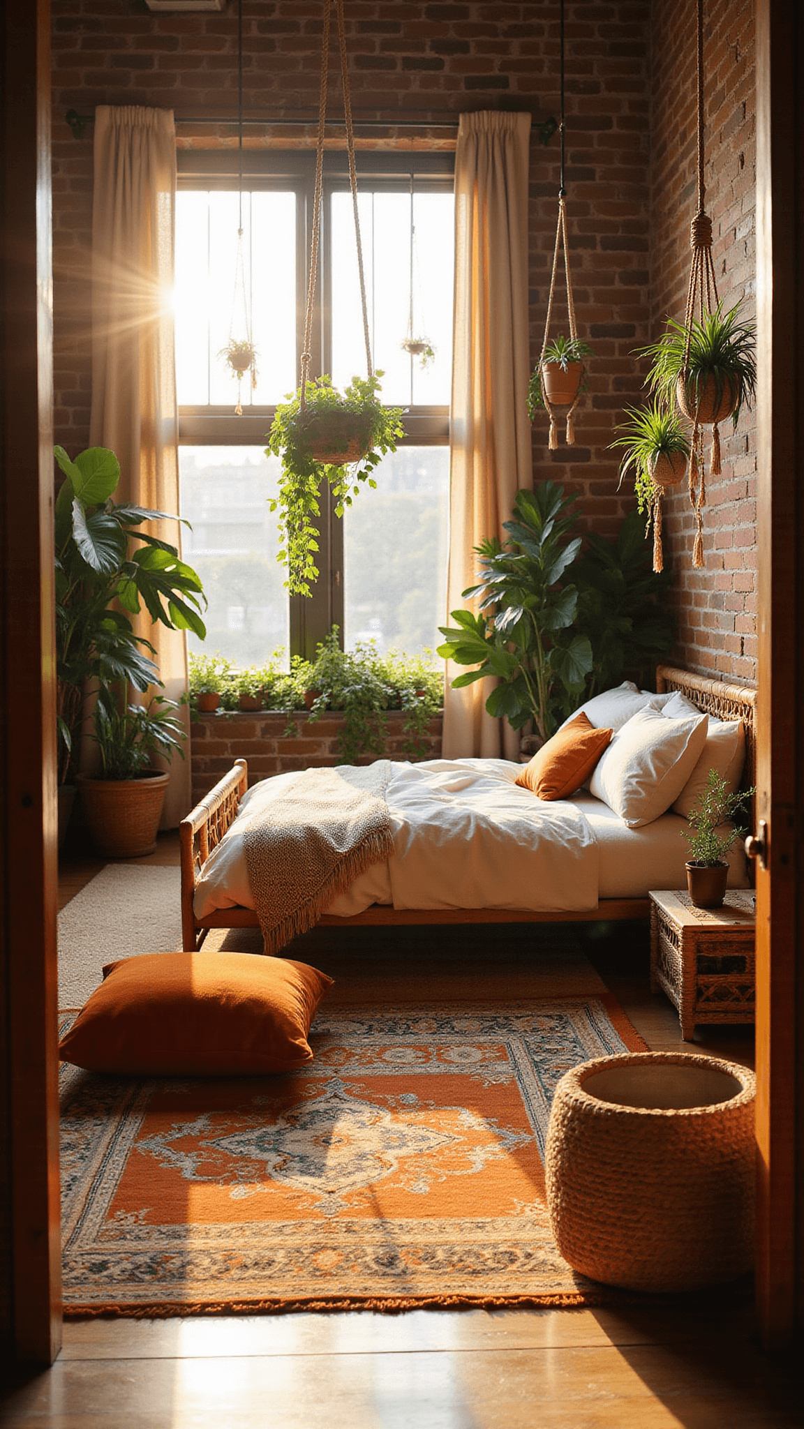 Boho bedroom with rattan bed, cream canopy, hanging plants, layered rugs, sunlit through large windows.