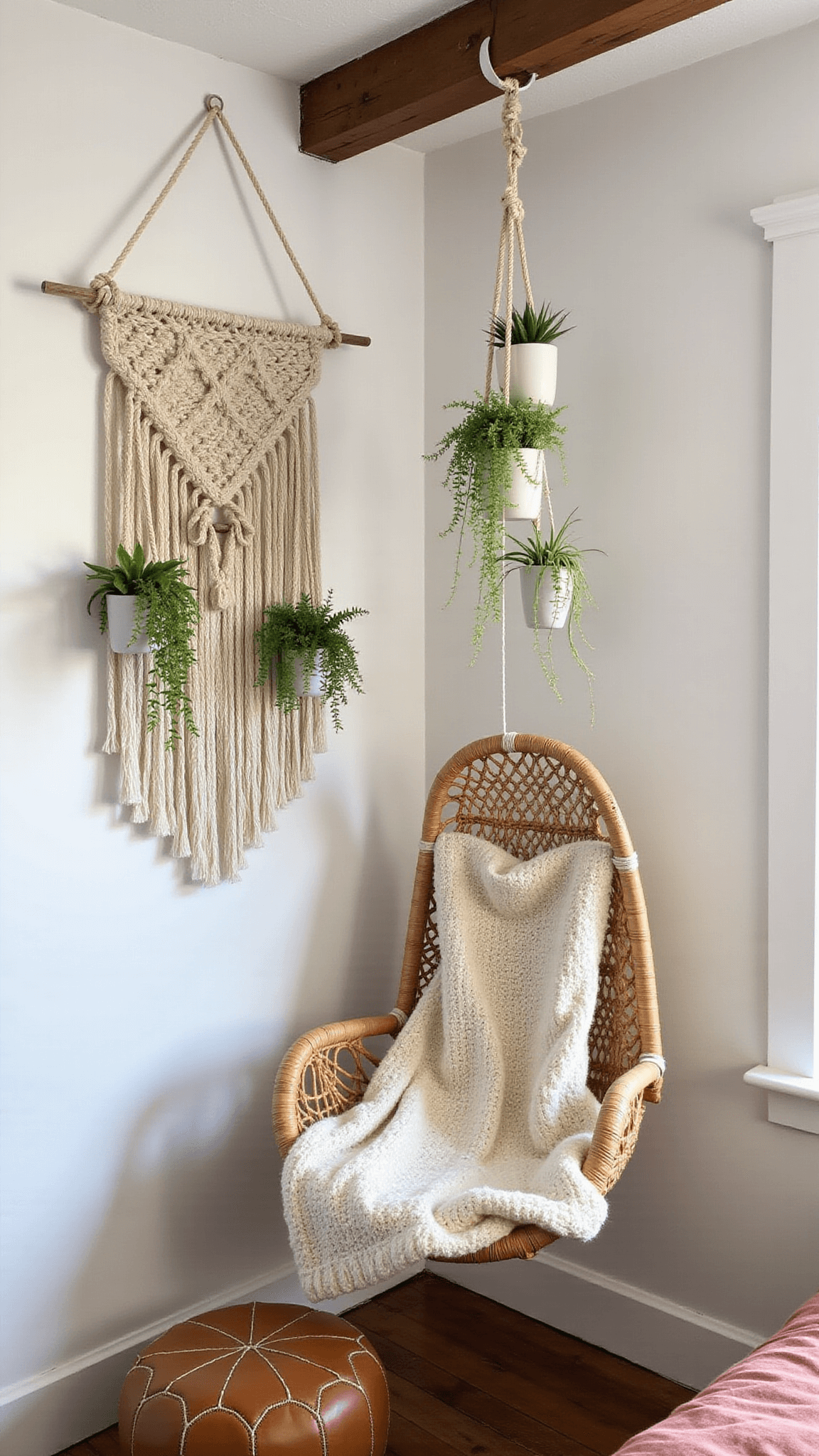 Cozy corner reading nook with hanging rattan chair, cream knit throw, air plants and string of pearls overhead, large macrame wall art, and cognac Moroccan pouf in sunlit 10x10ft alcove.