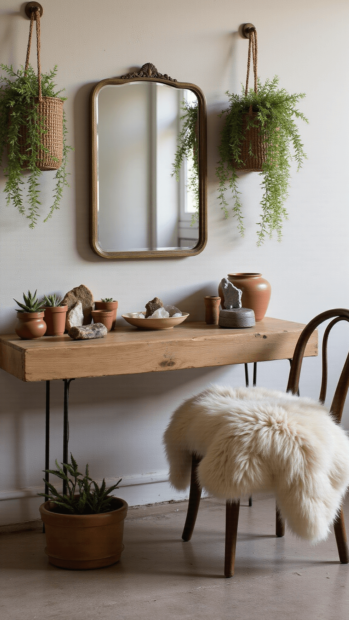 Intimate vanity with antique brass mirror, ferns, raw wood table, crystals, clay vessels, and vintage chair draped in sheepskin, softly lit at dawn.