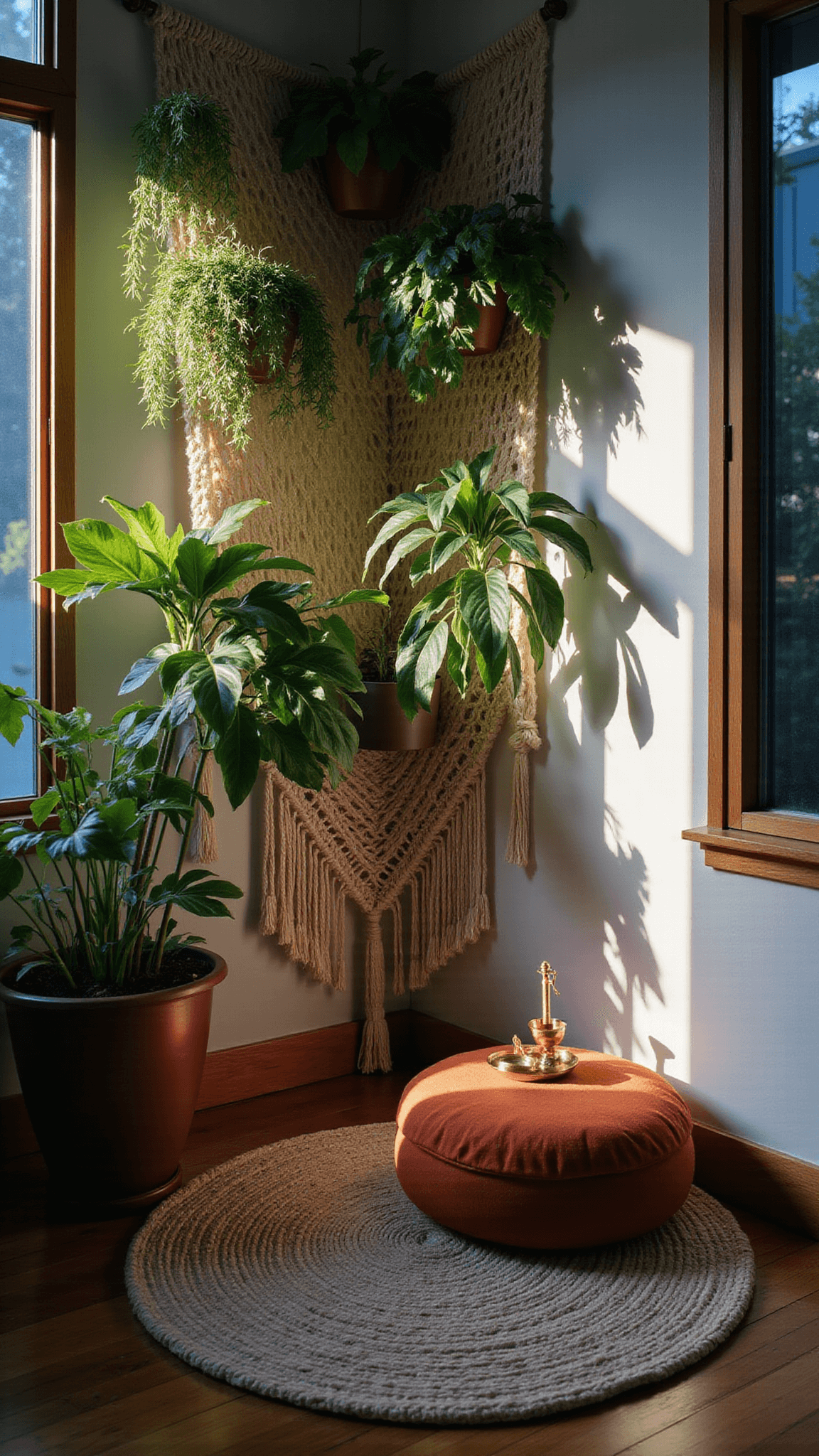 Cozy meditation nook with rust cushion on geometric rug, surrounded by dramatic uplighting and lush macrame plant wall featuring monstera, philodendron, and string of hearts.