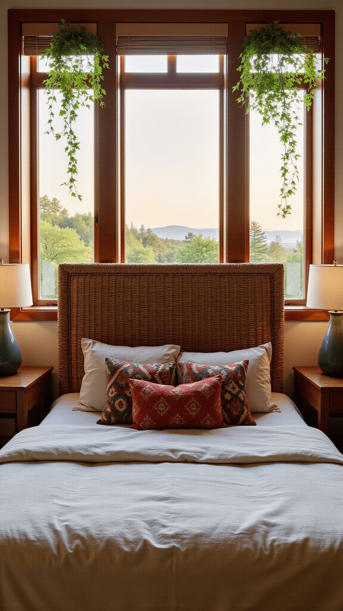 King bed with rumpled oatmeal and terra cotta linens beside a sunset-lit window, bamboo headboard with cascading pothos, vintage kilim pillows, and bedside tables with ceramic lamps and ivy.