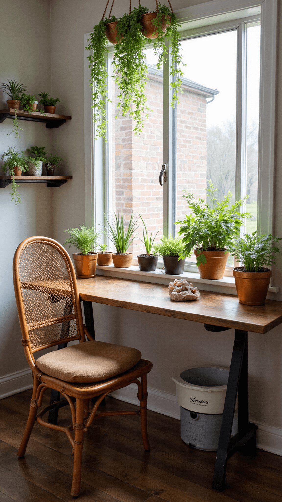 Cozy 8x10ft workspace with reclaimed wood desk under window garden of hanging herbs in copper planters, rattan peacock chair, and floating shelves with crystals and plant cuttings, softly focused at 50mm.