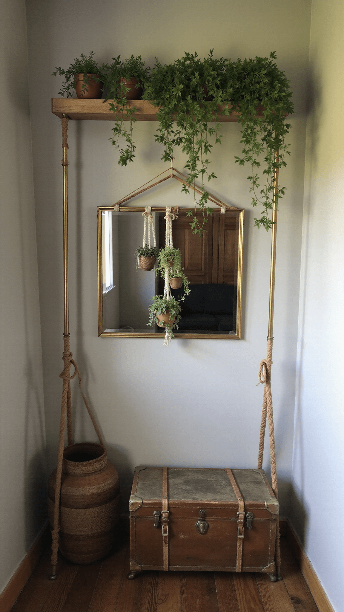 Moody dusk-lit dressing alcove with vintage brass clothing rack, macrame plant shelf, standing mirror reflecting hanging plants, woven hamper, and patinaed vintage trunk.