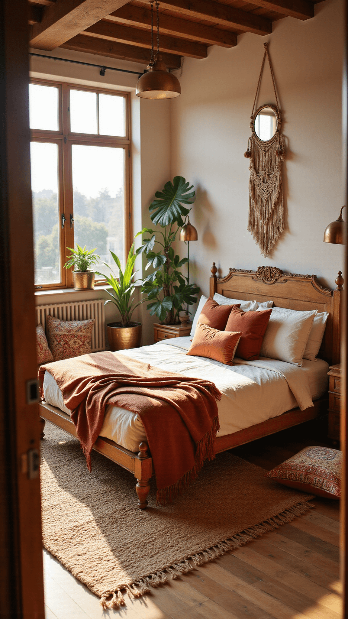 Boho bedroom with wooden queen bed, layered textiles, golden hour light, brass pendants, arched mirror, macramé wall hanging, monstera plants, and jute rug over hardwood floors.