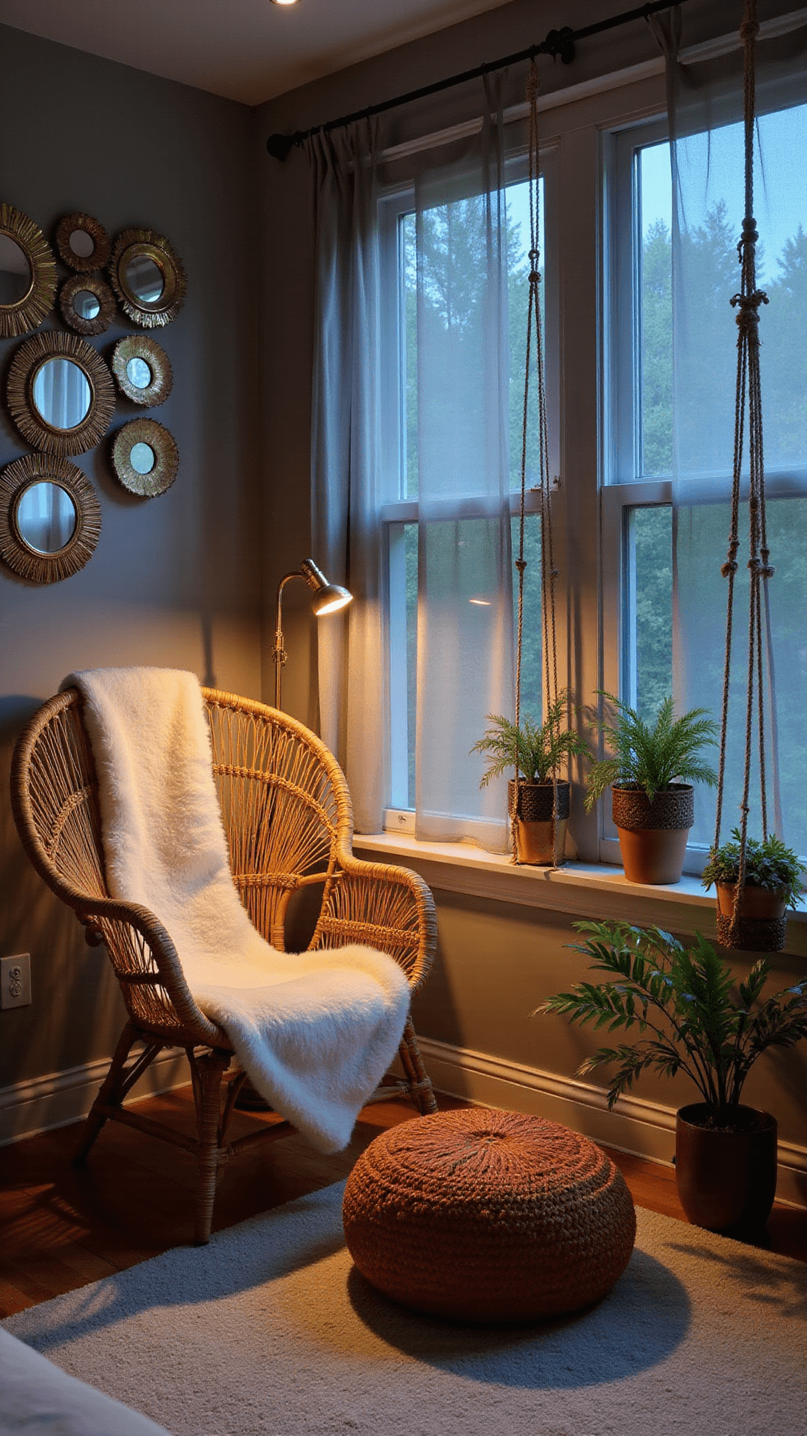Boho bedroom corner at dusk with rattan peacock chair, gold sunburst mirrors, terracotta pouf, and warm brass lamp lighting.