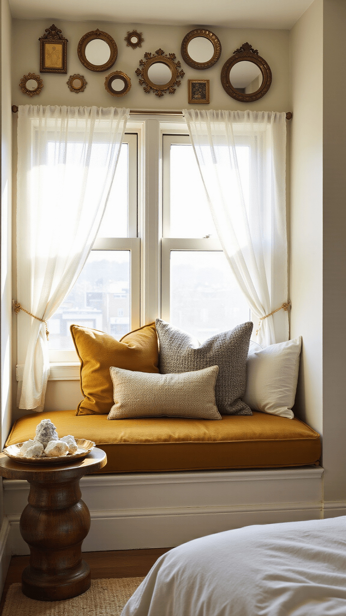 Low-angle view of a sunlit boho bedroom window nook with ochre velvet seat, metallic pillows, vintage brass mirrors, and billowing white curtains.
