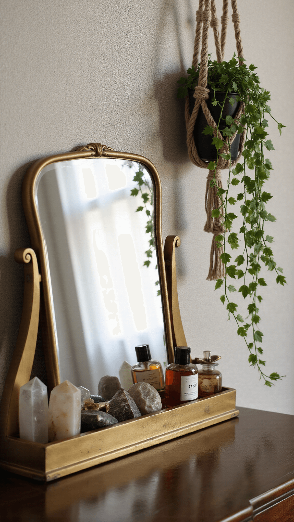 Close-up of boho vanity with antique brass mirror, crystal points, vintage perfume bottles, and ivy in macramé hanger casting shadows on metallic wallpaper.