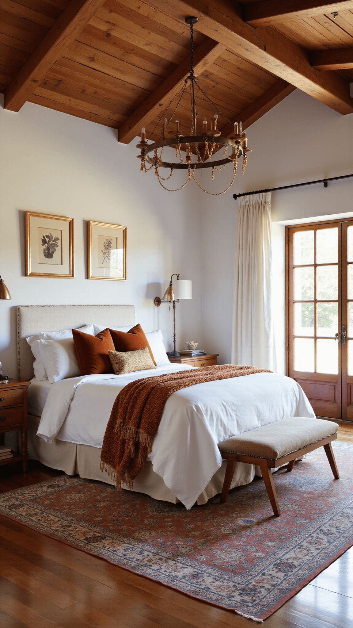 Boho master bedroom at sunset with exposed beams, large windows, California king bed with layered textiles, brass chandelier, Moroccan rugs, and botanical prints.