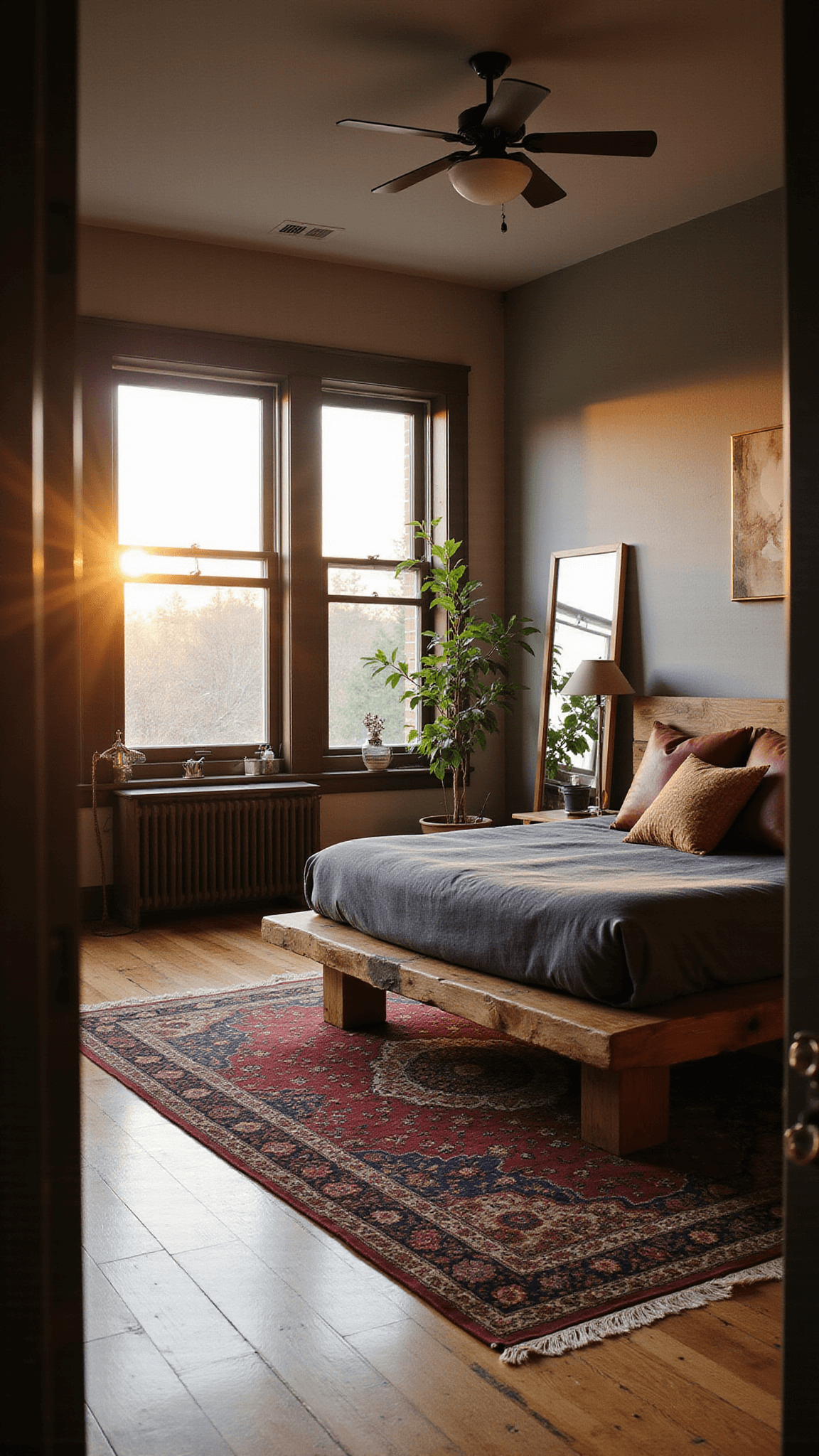 Masculine boho bedroom with reclaimed wood bed, charcoal bedding, vintage burgundy rug, large brass mirror, and lush plants in golden hour light.