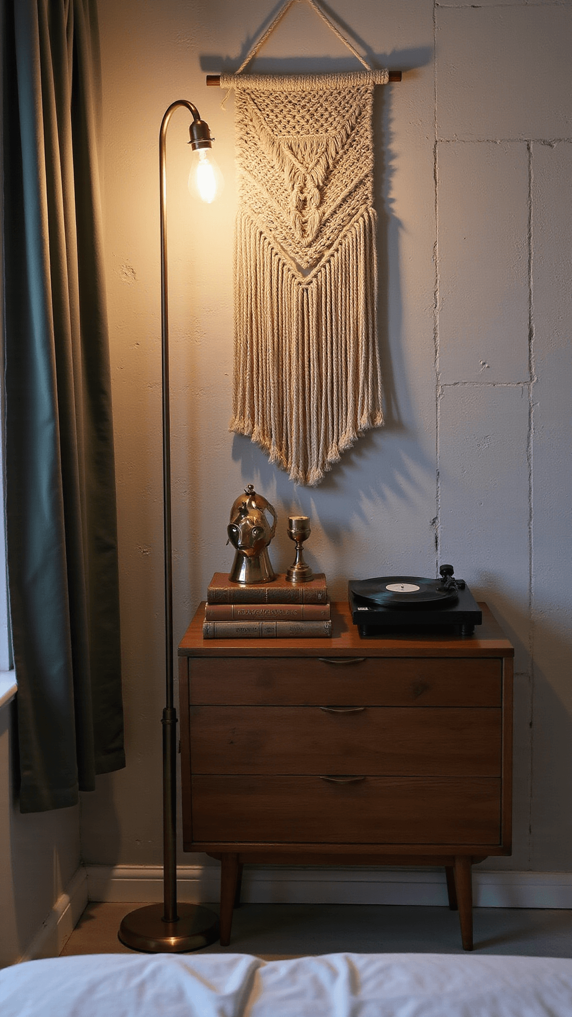 Masculine boho bedroom corner at dusk with brass floor lamp, macramé wall hanging, mid-century walnut dresser, and textured concrete walls.