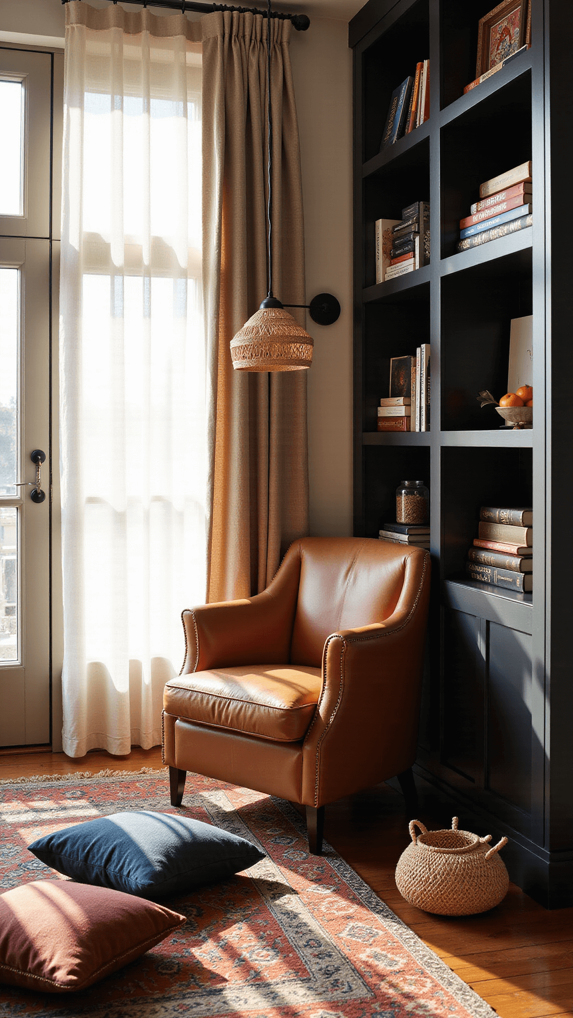 Sunrise light filtering through sheer curtains onto a cozy reading nook with a cognac leather armchair, matte black built-in shelves, jewel-toned Moroccan cushions, layered tribal rugs, and a rattan pendant casting shadows.