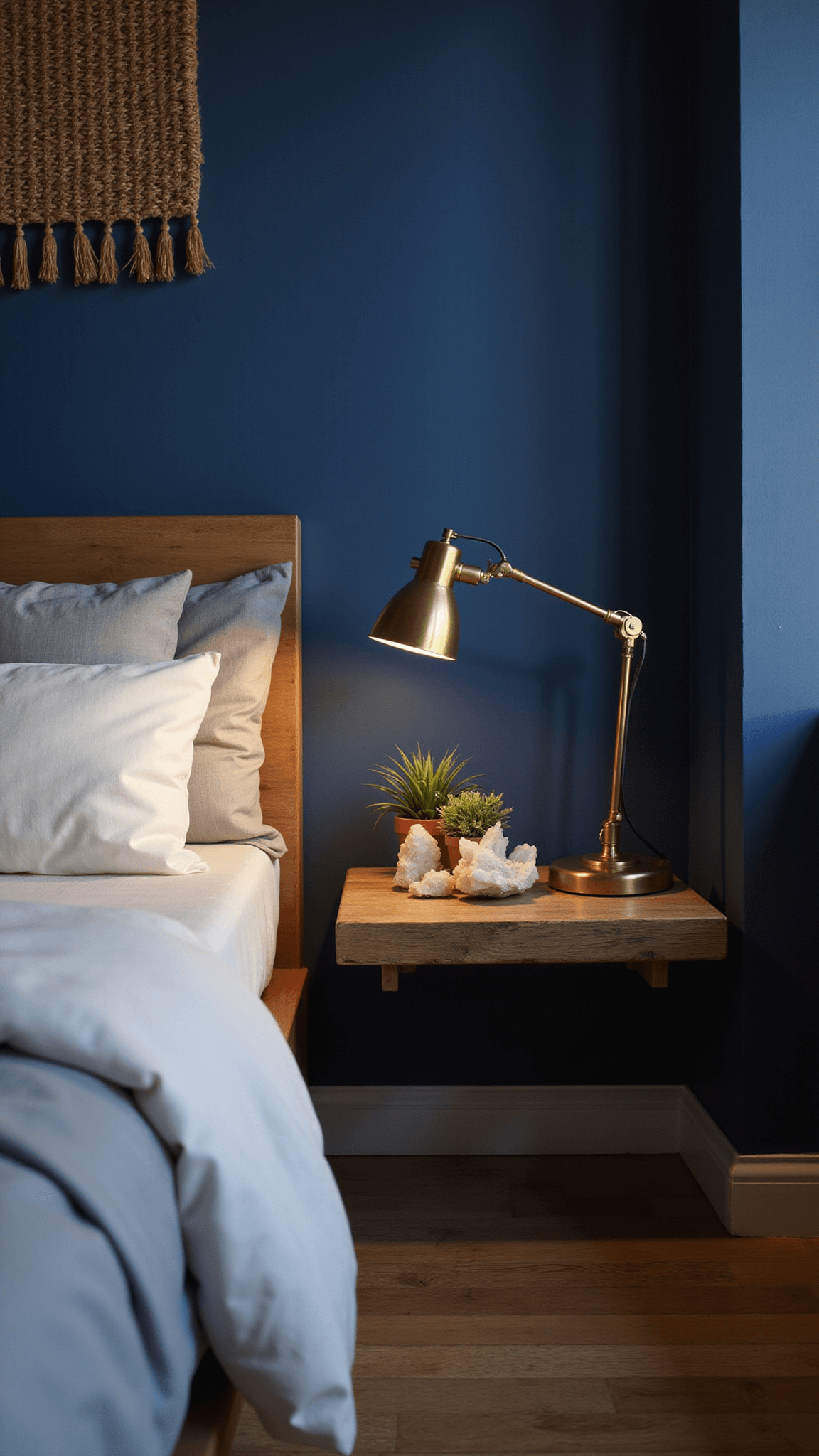 Floating reclaimed wood nightstand with brass lamp, crystals, and air plants against navy wall and earth-tone tapestry, softly lit during blue hour.