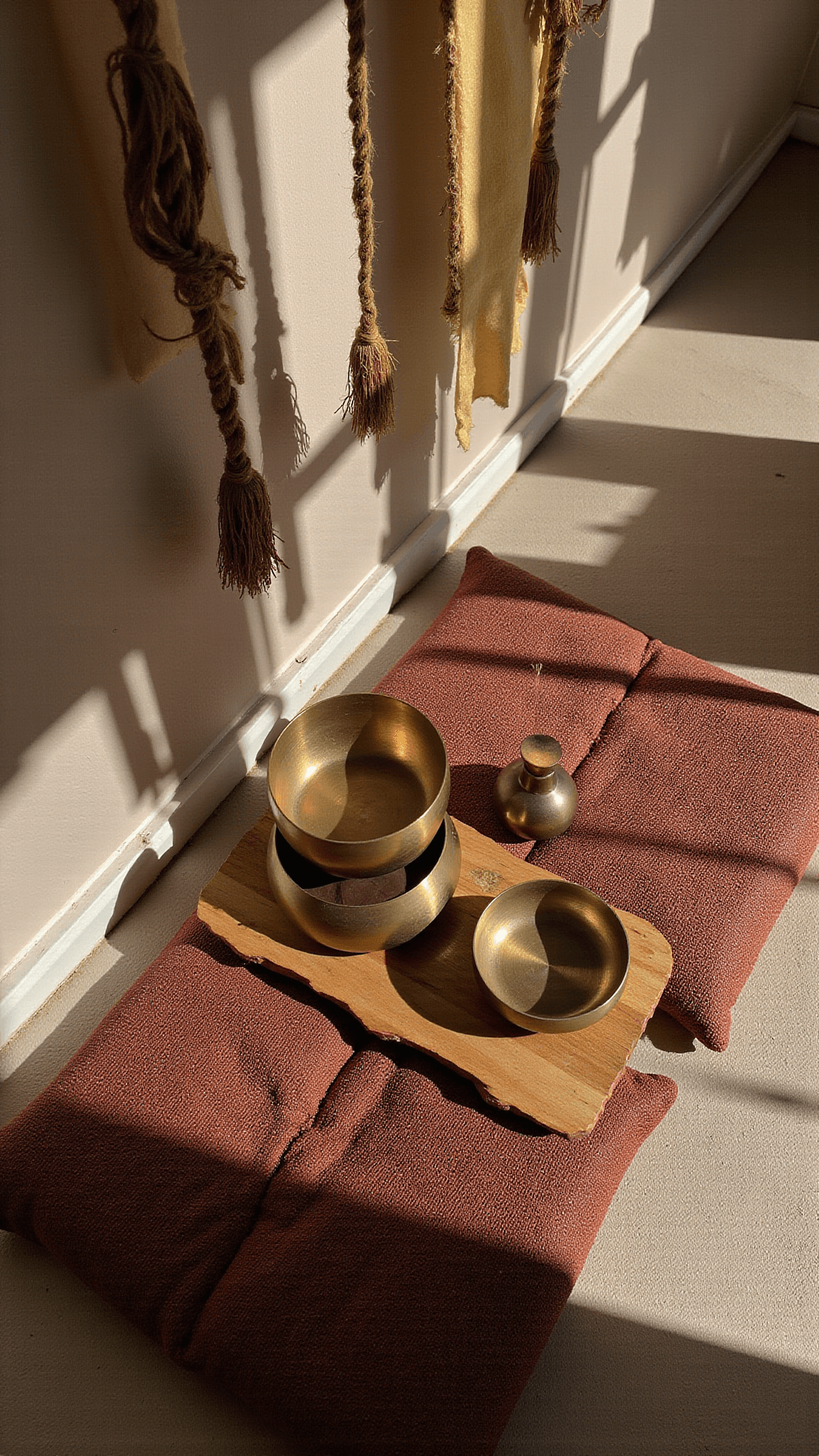 Top-down view of a sunlit meditation corner with textured floor cushions, brass incense holder, vintage singing bowls on a live-edge wooden platform, and jute prayer flags overhead.