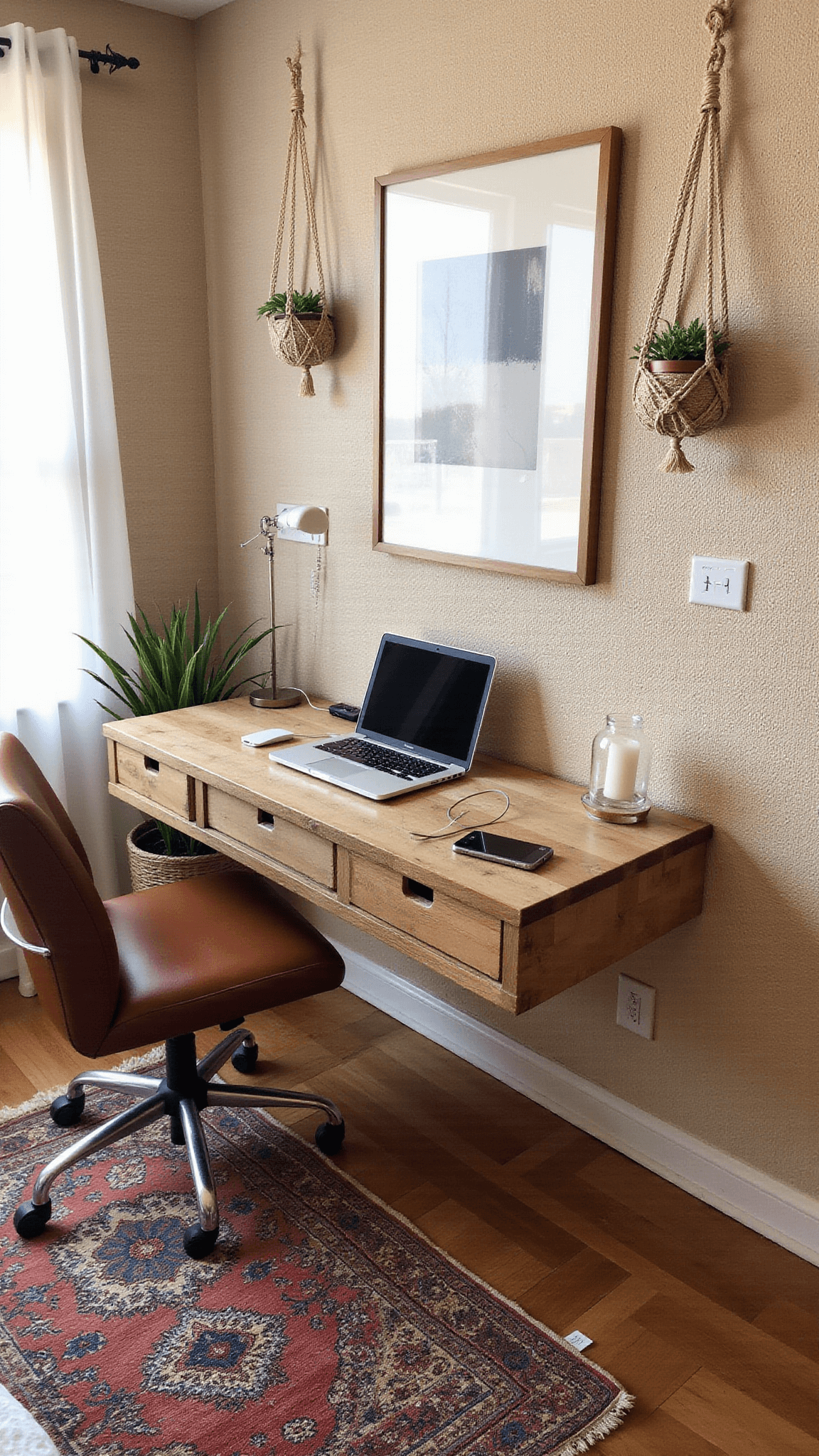 Boho bedroom with tech-integrated workspace featuring floating wooden desk, leather chair, kilim rug, and macramé plant hangers by window.