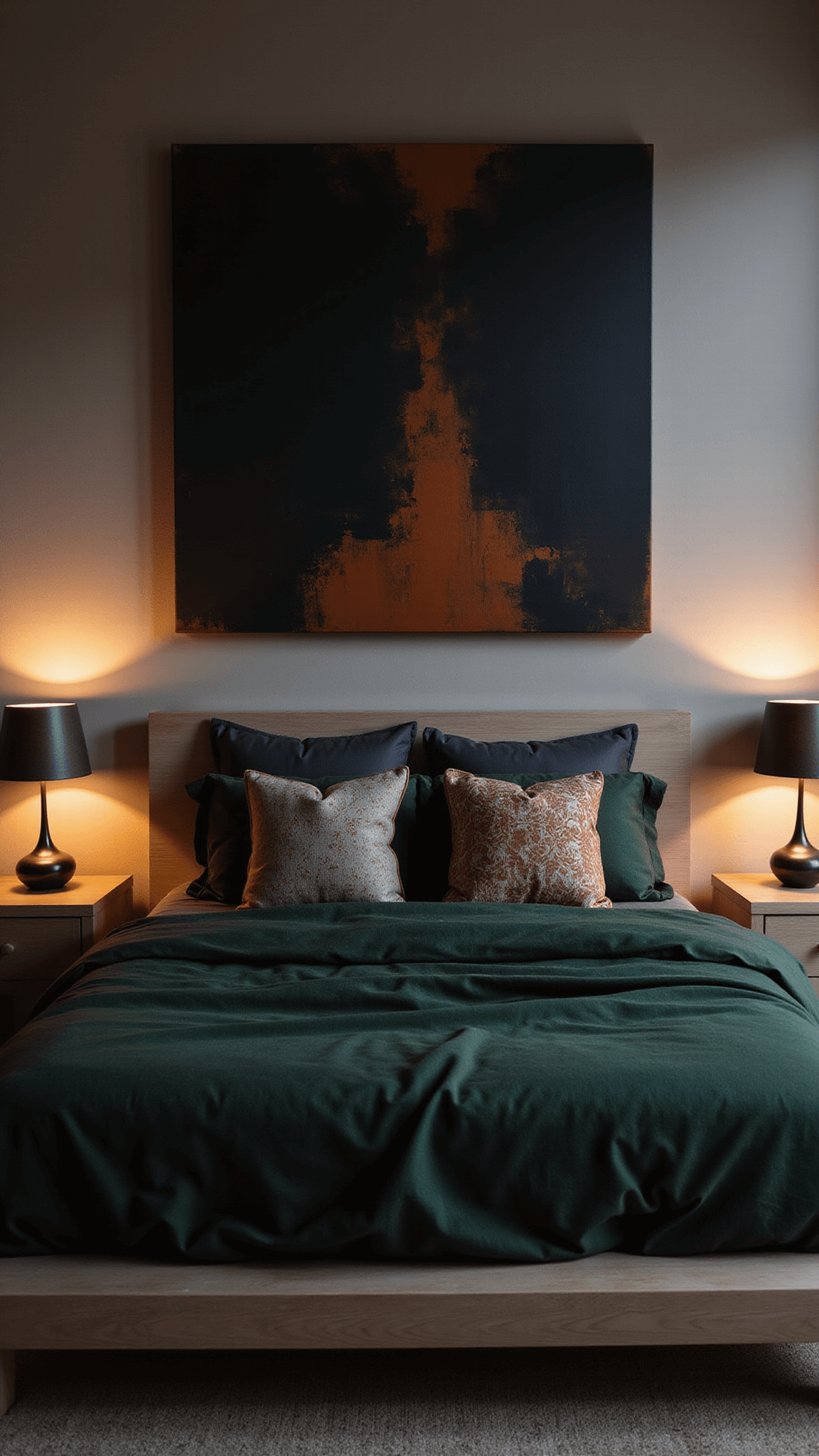 Dramatic dusk view of bed with large abstract black and burnt orange canvas, ceramic sconces, and layered green and charcoal linens with geometric pillows.