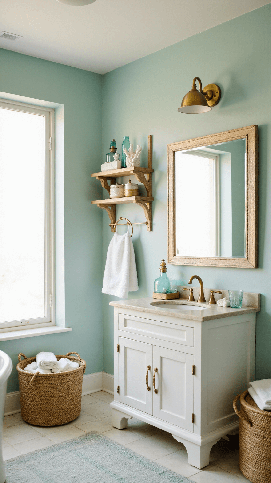 Coastal 8x10ft bathroom at golden hour with white vanity, brass accents, ocean blue walls, marble hex tile floor, and natural decor in soft sunlight.
