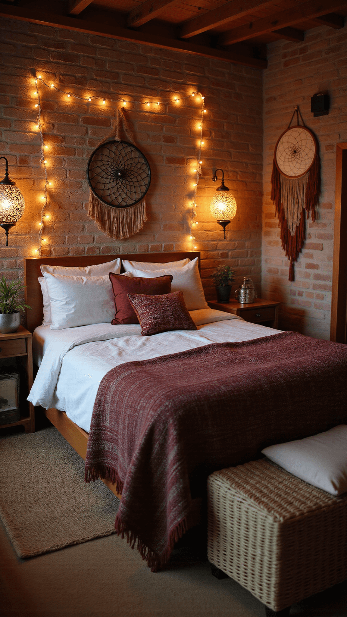 Low-angle view of a cozy boho bedroom with warm dusk lighting, California king bed in white linen, vintage pillows, burgundy wool blanket, jute rug, rattan furniture, and a large dream catcher on an exposed brick wall.