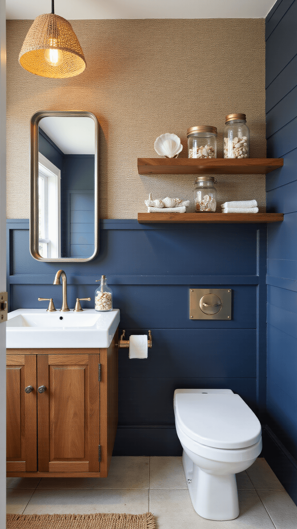 Mid-century modern coastal powder room with navy shiplap, floating walnut vanity, rattan pendant light, seashell decor, and jute rug over limestone tiles.