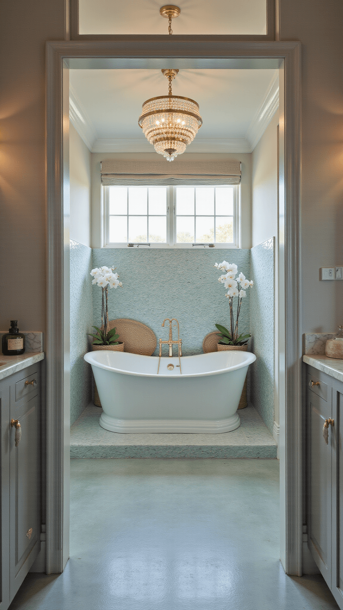 Luxurious 12x15ft master bathroom at dusk with freestanding tub under seashell chandelier, driftwood gray double vanity, aqua wave-pattern tile, and coastal-inspired decor.