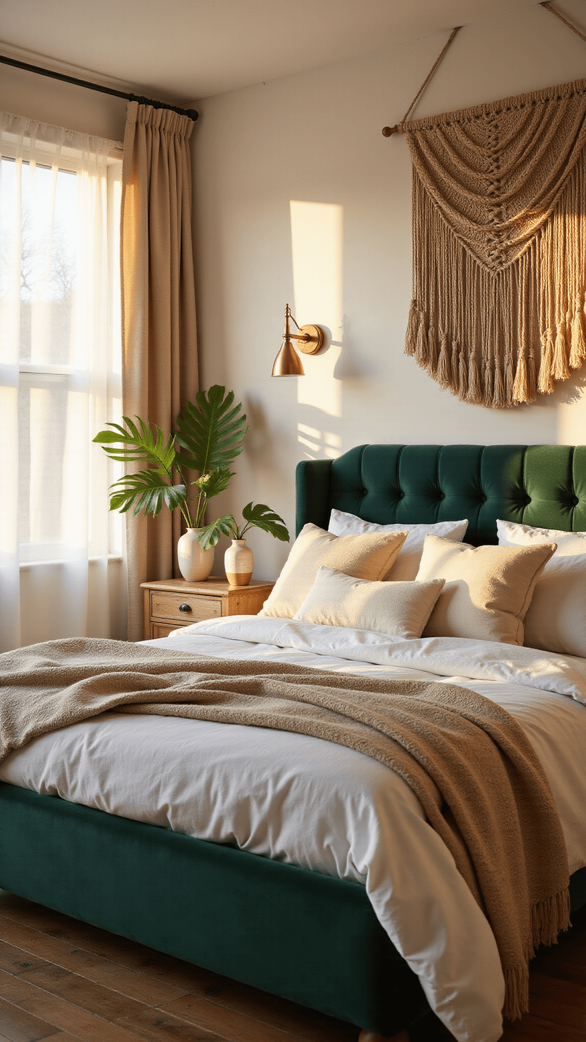 Bohemian-style bedroom with emerald velvet bed, vintage brass sconces, macrame wall hanging, and warm golden hour sunlight streaming through tall sheer-curtained windows.