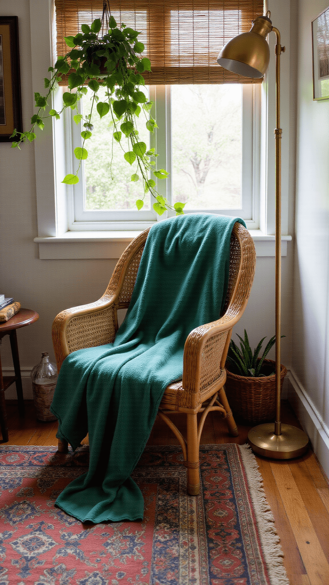 Cozy bedroom reading nook with rattan peacock chair, emerald throw, cascading pothos, dappled morning light through bamboo blinds, and layered vintage kilim rugs.