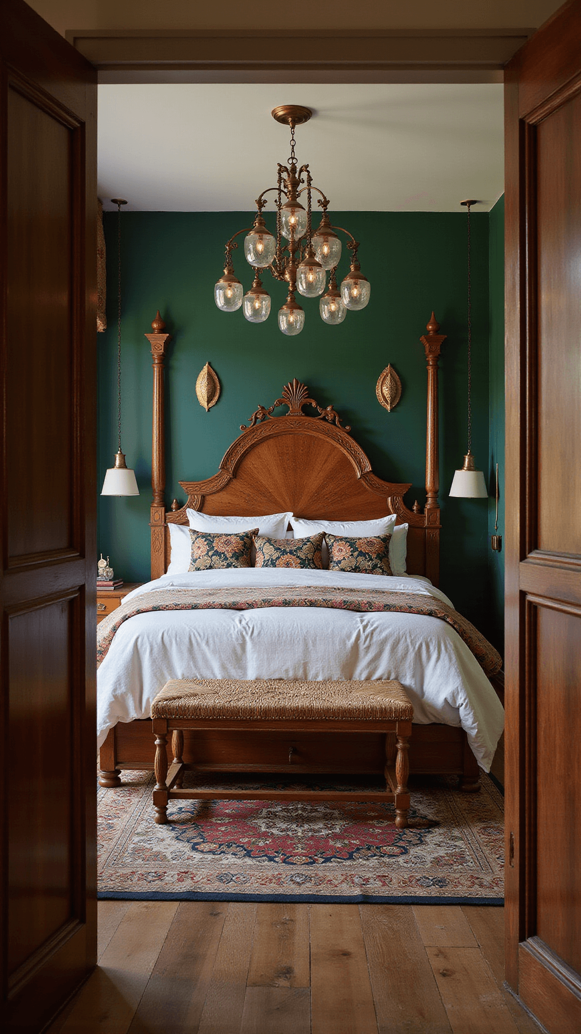 Wide-angle view of a boho bedroom with canopy bed, emerald accent wall, brass pendant lights, carved armoire, and basket wall décor at dusk.