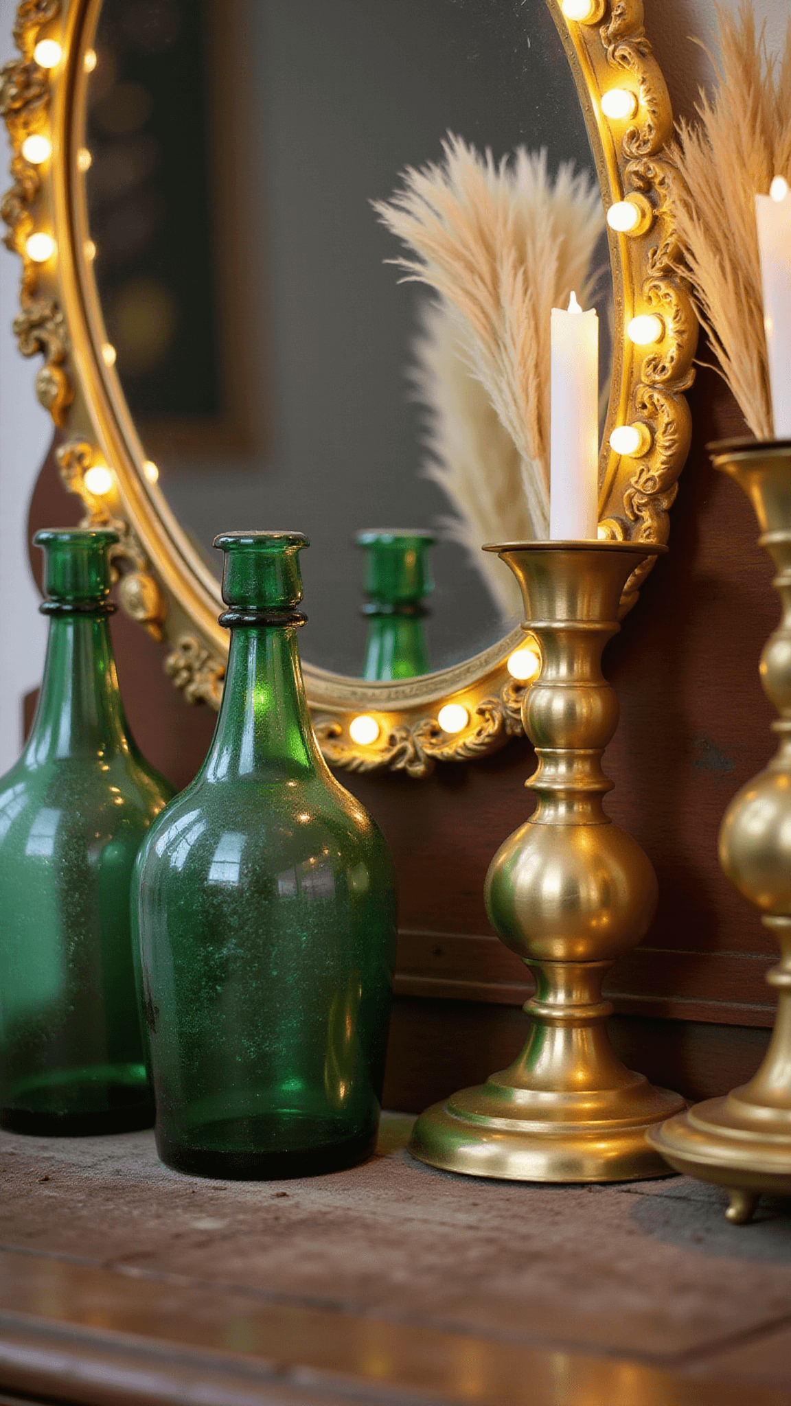 Close-up of styled bedroom vanity with gold mirror, brass candlesticks, emerald glass vessels, and pampas grass on antique wood surface.