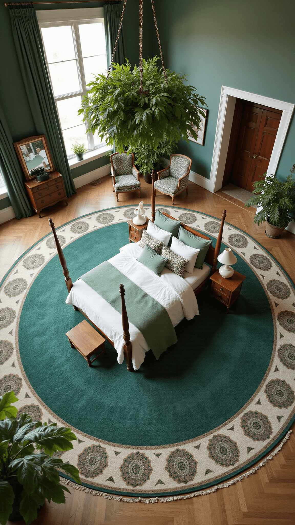 Overhead view of a circular 15x17ft bedroom with emerald green medallion rug, central four-poster bed in white and green linens, and hanging plants forming a canopy.