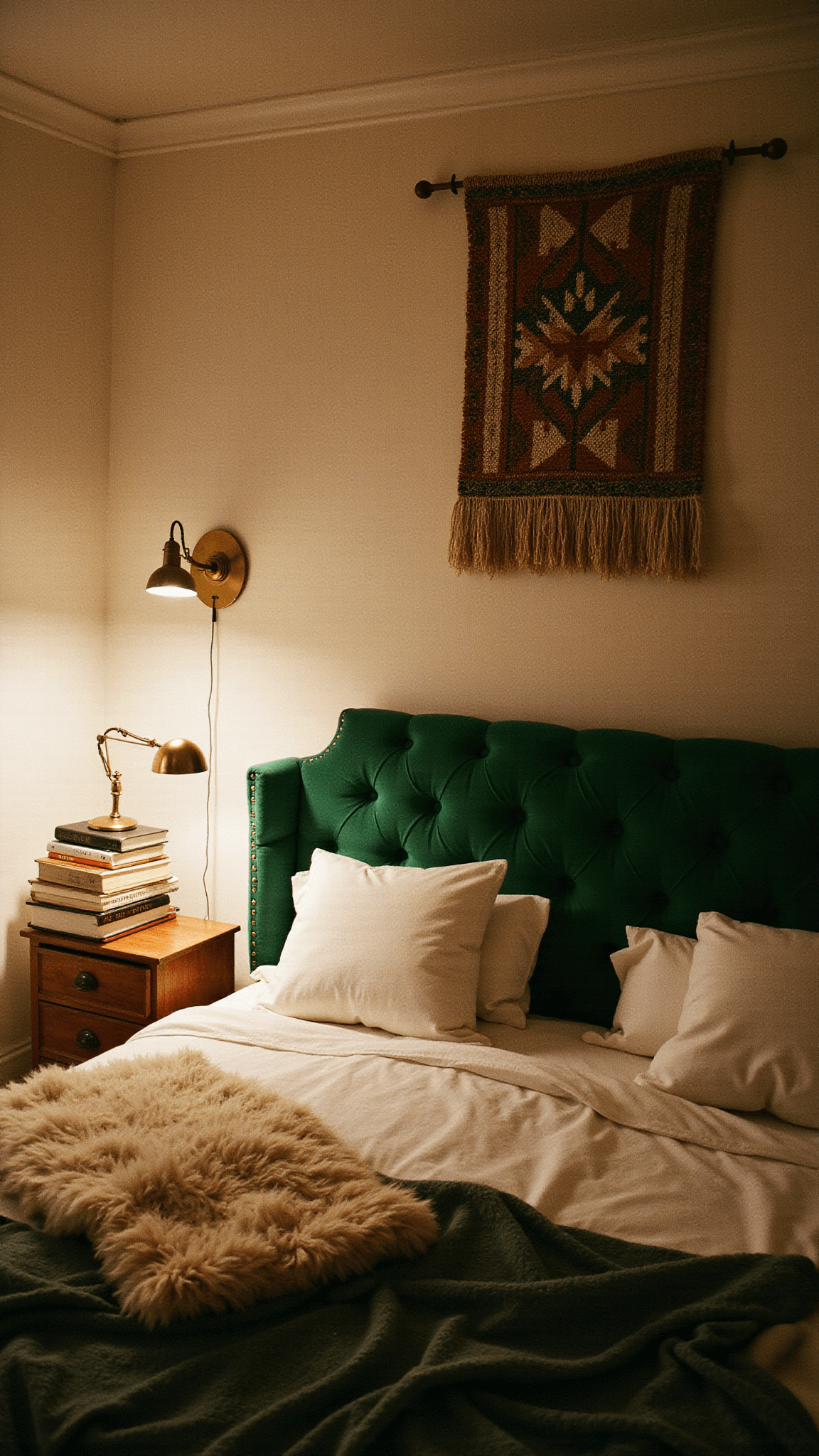 Cozy twilight bedroom with emerald tufted headboard, brass lamps, art books, sheepskin throws, and handwoven tapestry.