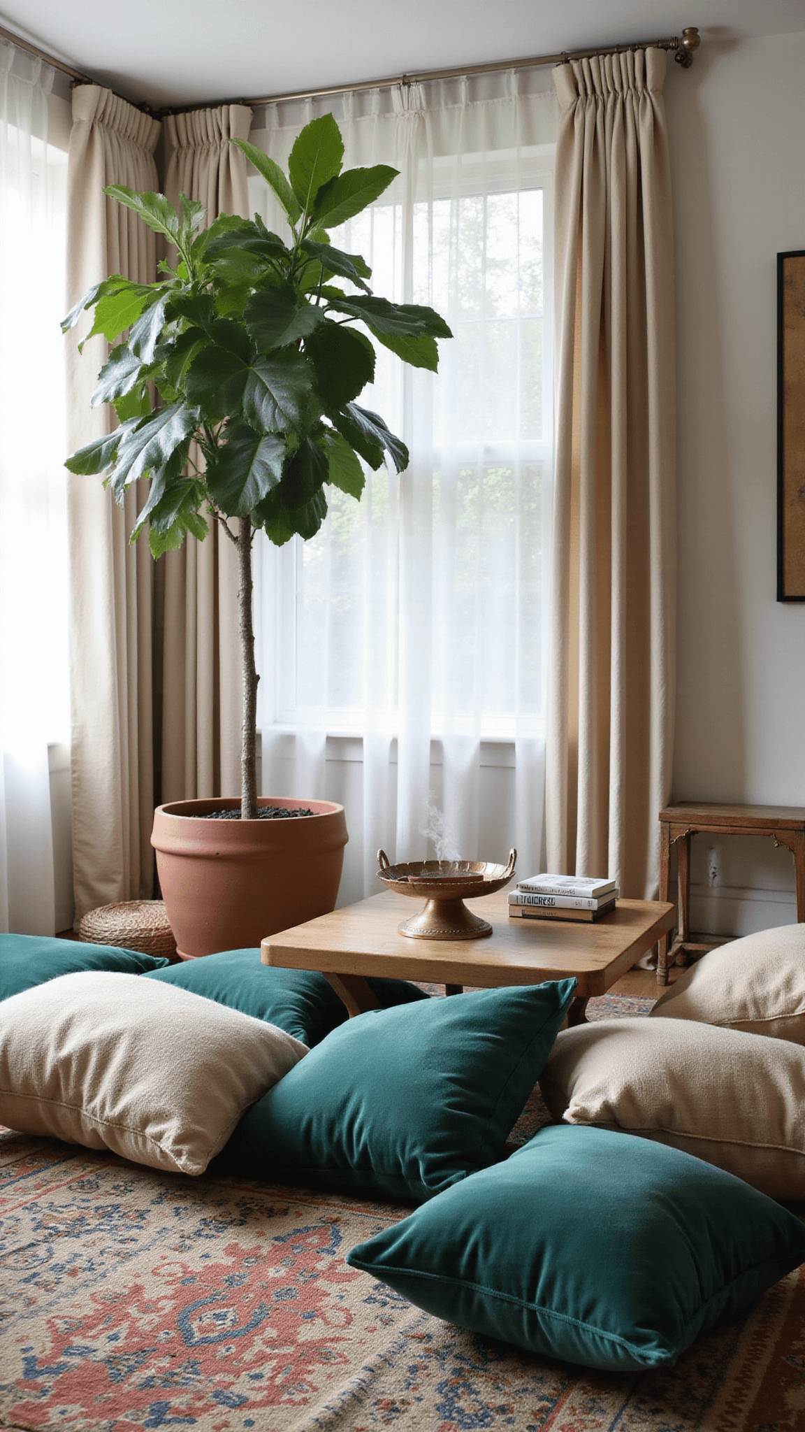 Meditation corner in sunlit bedroom with floor cushions, low wooden table, incense smoke, fiddle leaf fig, and Moroccan rug.