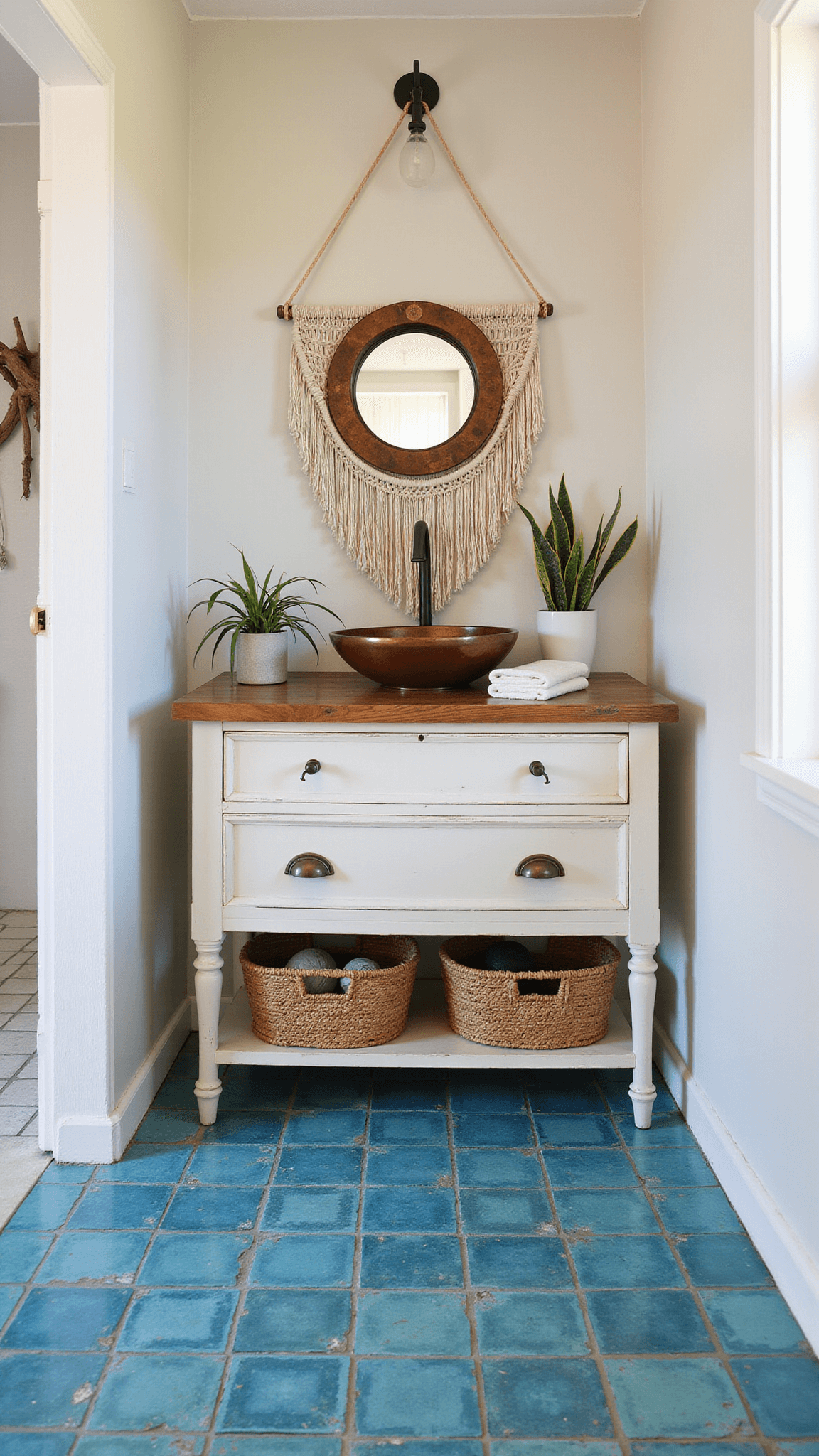 Bohemian beach-style bathroom with blue patterned cement tile floor, whitewashed wood vanity, copper sink, macramé wall hanging, vintage porthole mirror, driftwood accents, and air plants, shot in golden hour light.