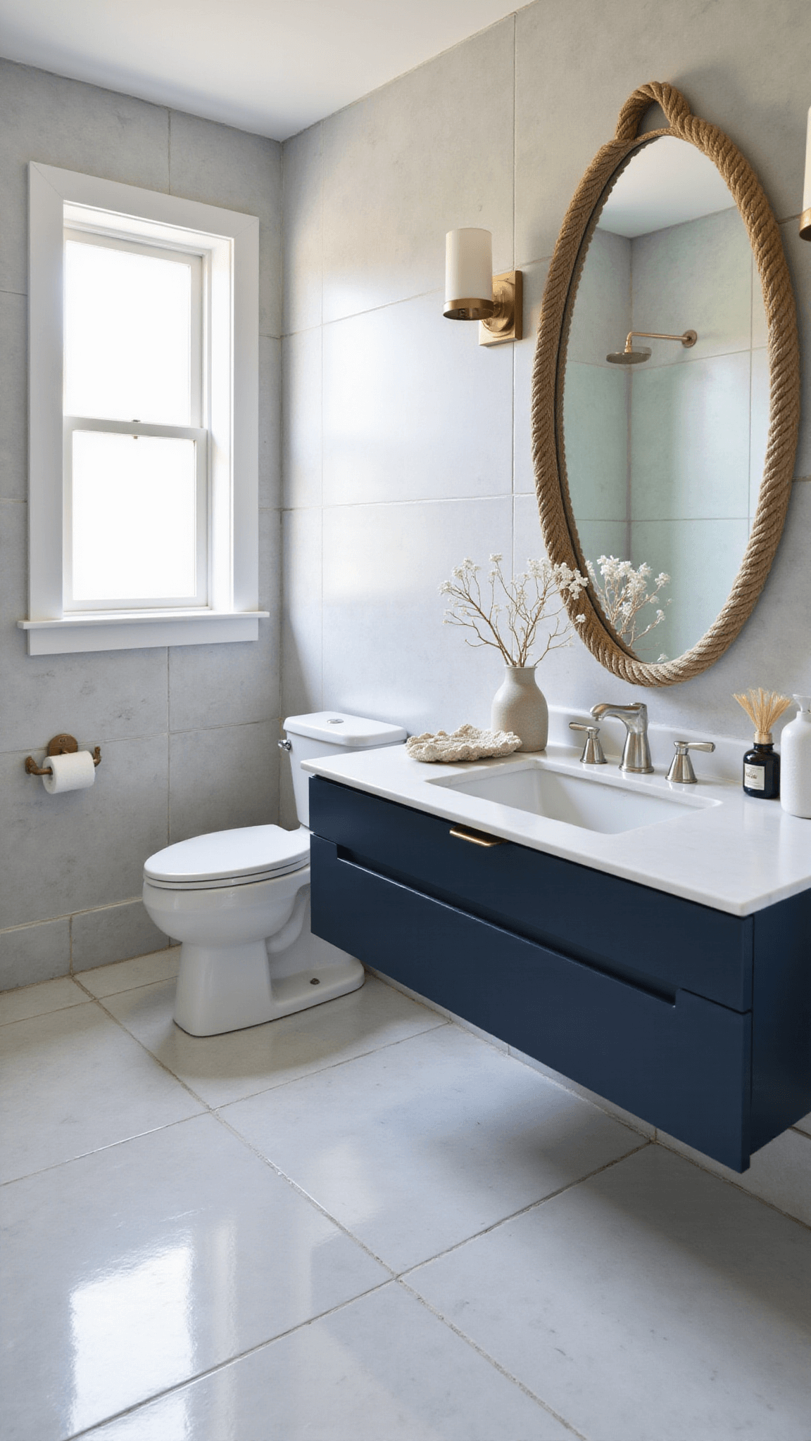 Contemporary coastal powder room with gray marble tiles, navy floating vanity, round rope mirror, and coral décor in soft afternoon light.