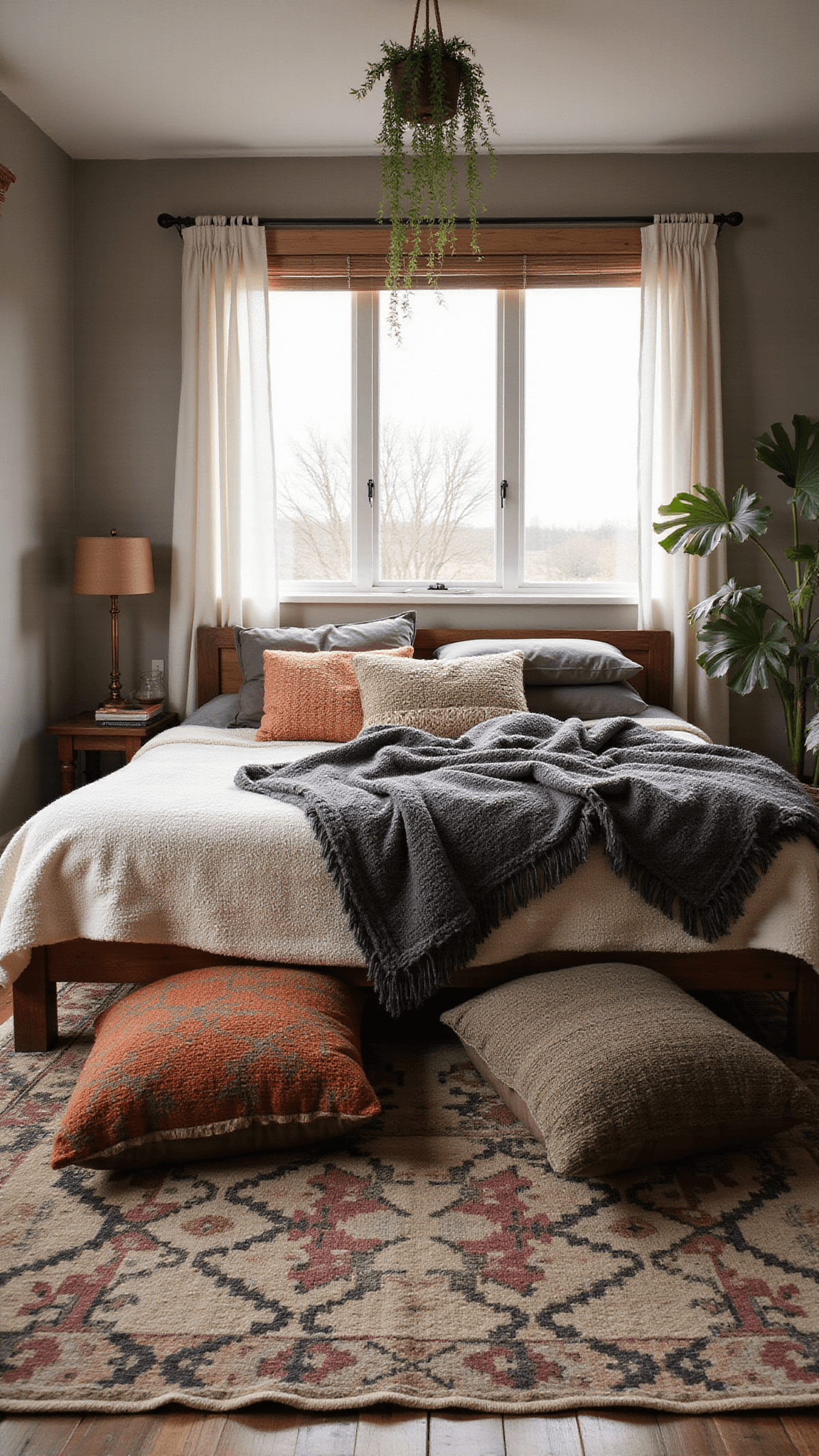 Cozy bedroom with moody morning light through bamboo blinds, featuring a large cream and charcoal Moroccan rug, vintage kilim floor cushions, low wood-frame bed with chunky throws, hanging plants, and a copper floor lamp.