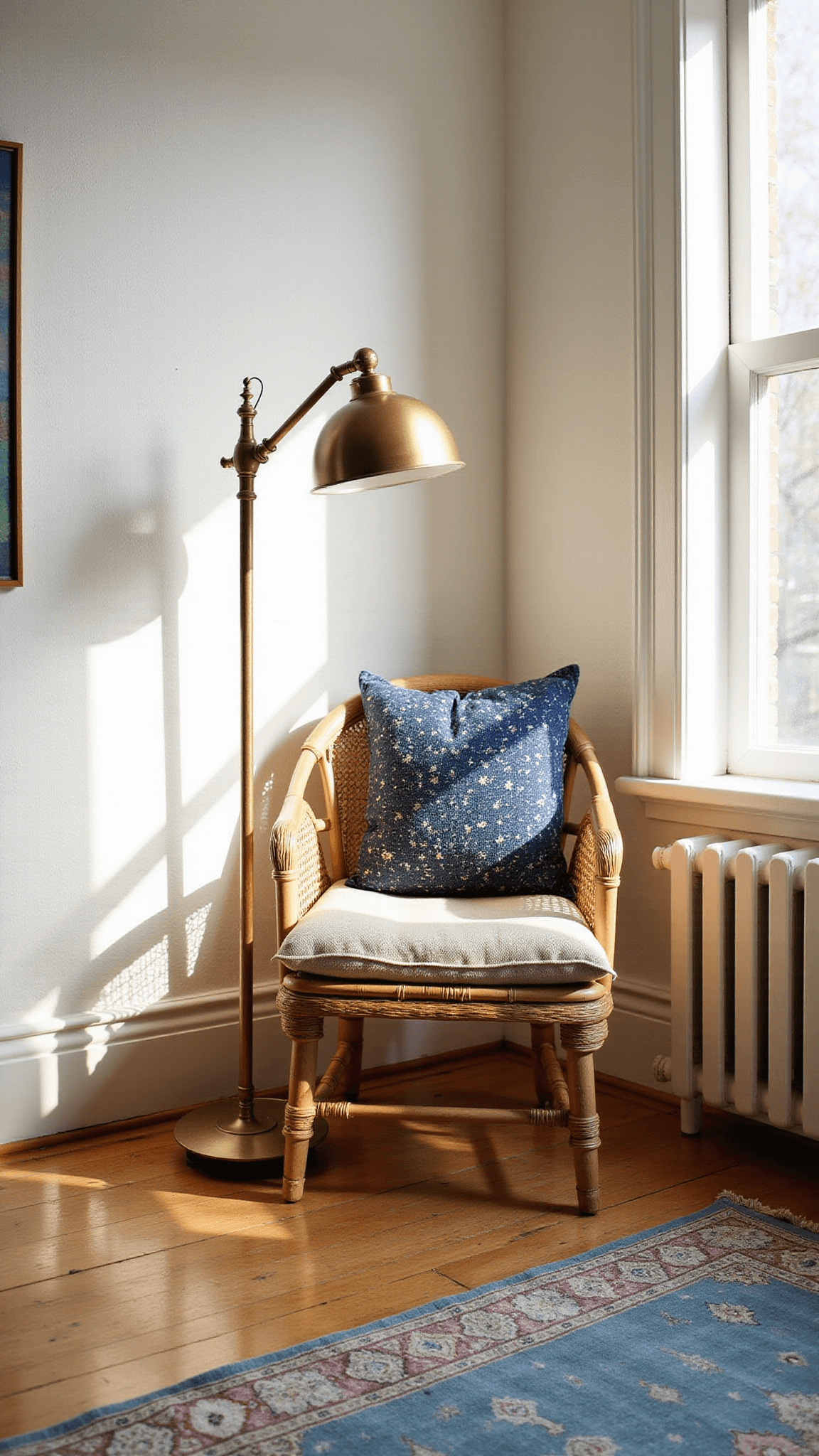 Boho bedroom corner at golden hour with rattan chair, indigo floor cushions, Moroccan brass lamp, and layered vintage Persian rugs on hardwood floor.