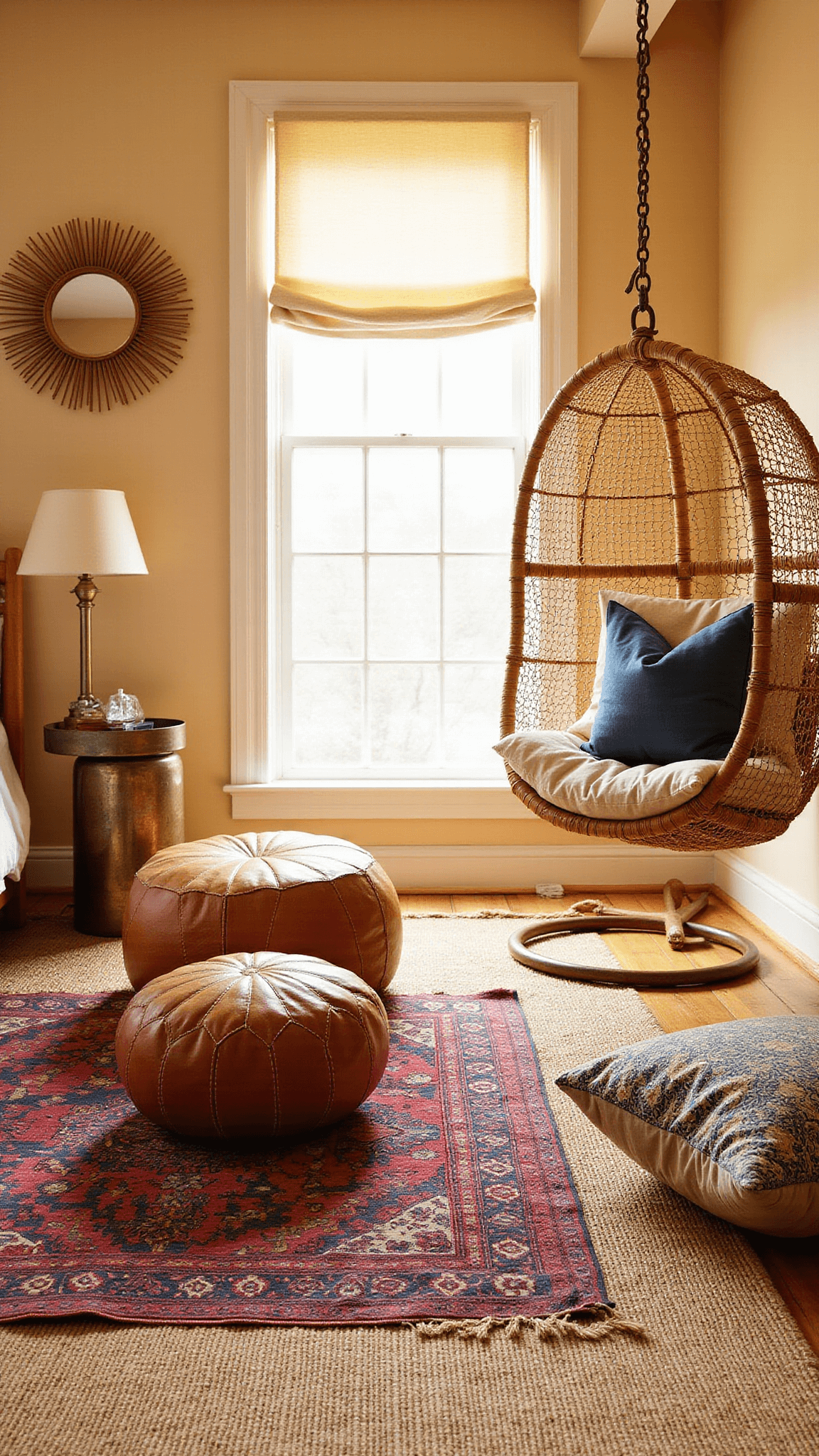 Cozy sunset-lit bedroom corner with layered rugs, jewel-toned floor cushions, leather pouf, brass accent table, and hanging rattan chair with macramé cushion.