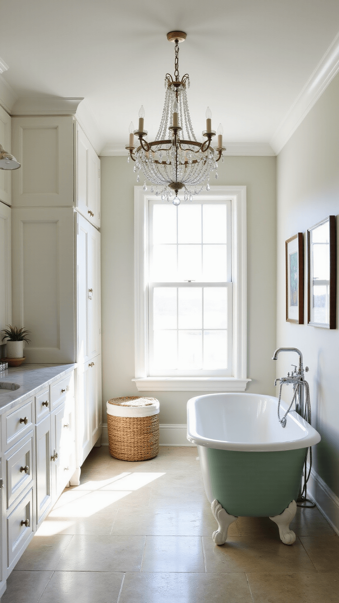 Sunlit 10x12 master bath blending traditional and coastal styles with seafoam green clawfoot tub, white cabinetry, marble countertops, chandelier, and nautical decor.