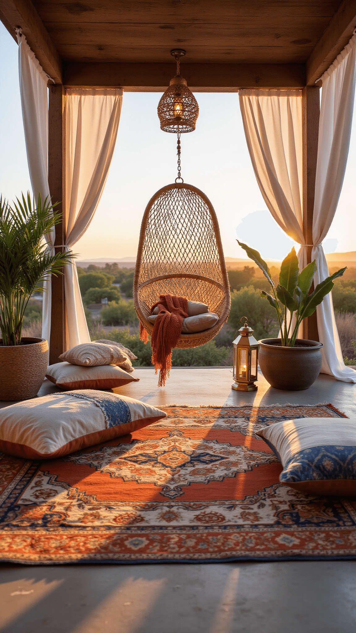 Boho-style gazebo at sunset with sheer curtains, layered rugs, floor cushions, rattan chair, brass lanterns, and potted palms.