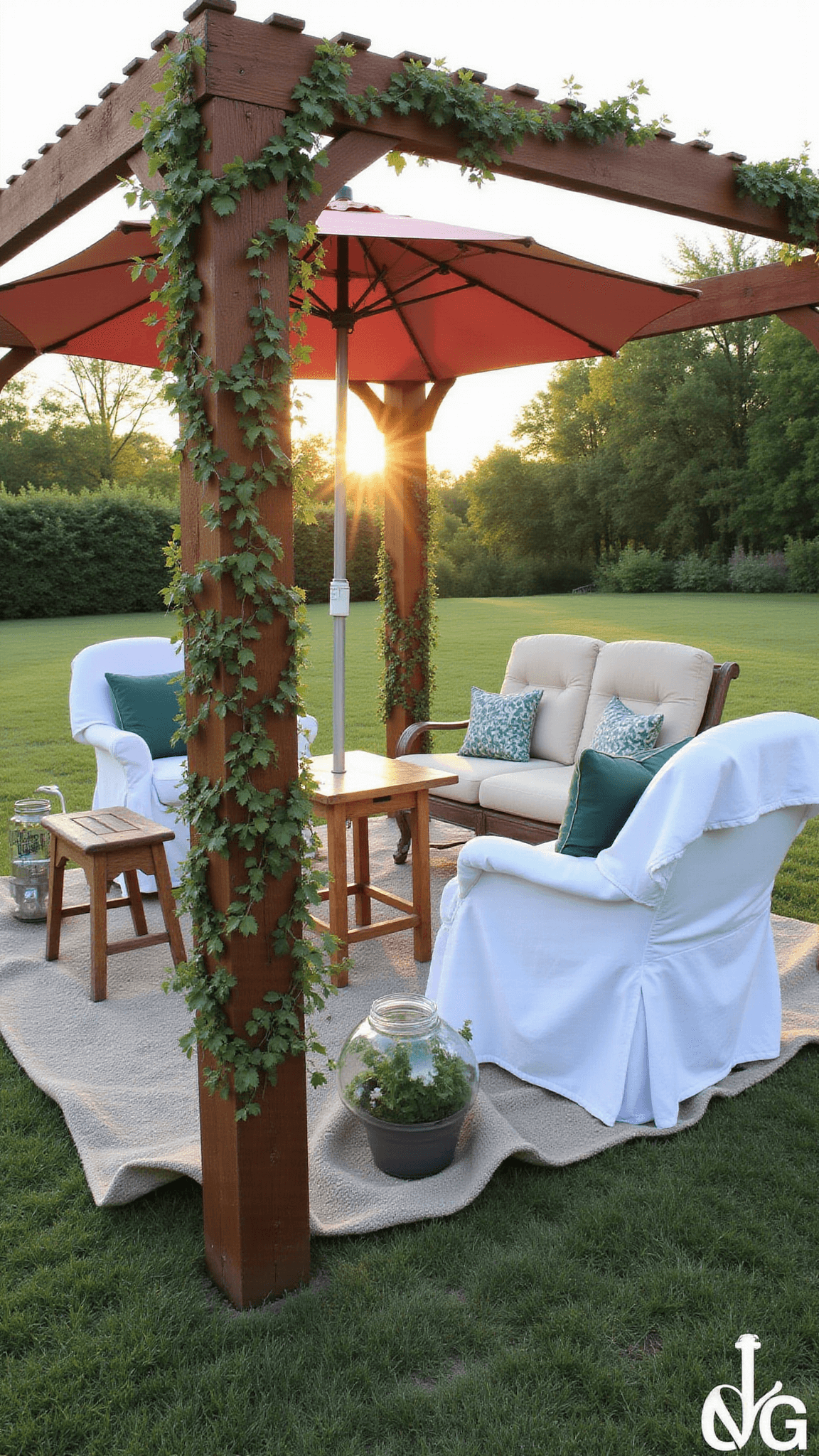 Afternoon golden hour view of a budget-friendly 10x10ft DIY gazebo with repurposed wood frame, climbing roses, vintage umbrella, mix-matched furniture in white slip covers, sage and cream pillows, mason jar lights, and container herb garden.