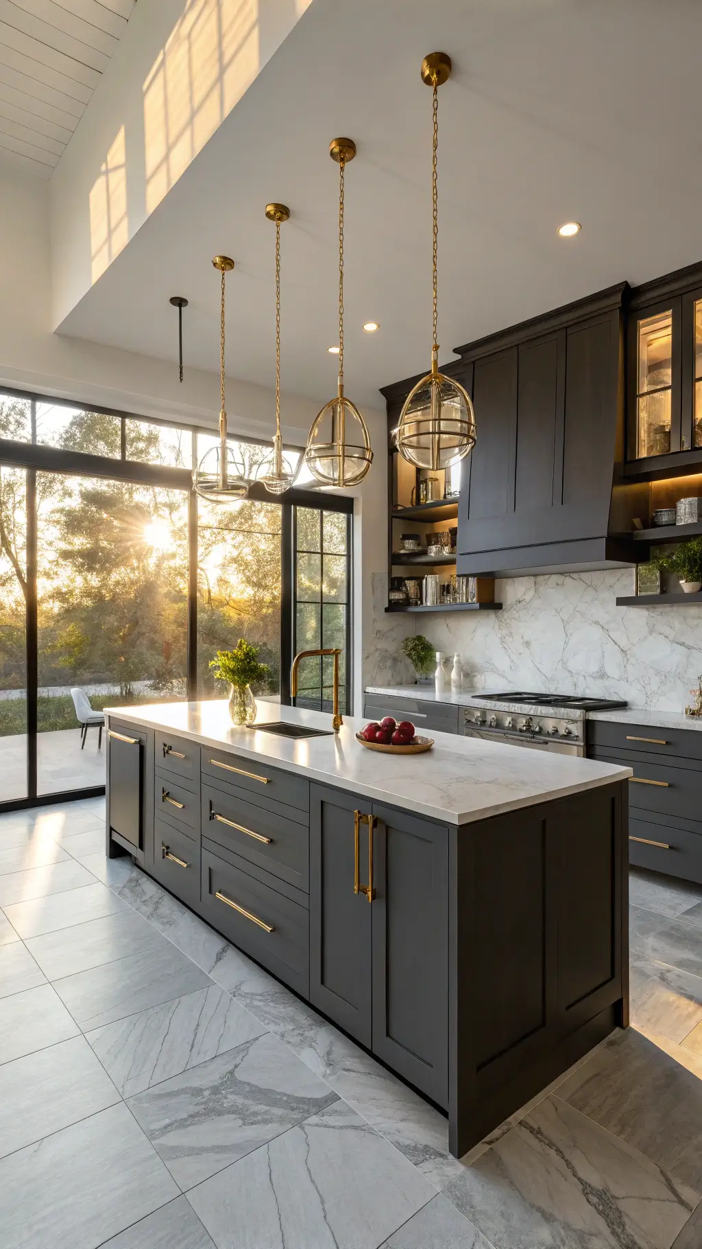 Luxurious modern kitchen with matte dark grey cabinets, quartz waterfall countertops, and golden hour sunlight illuminating a marble island and brushed gold accents.