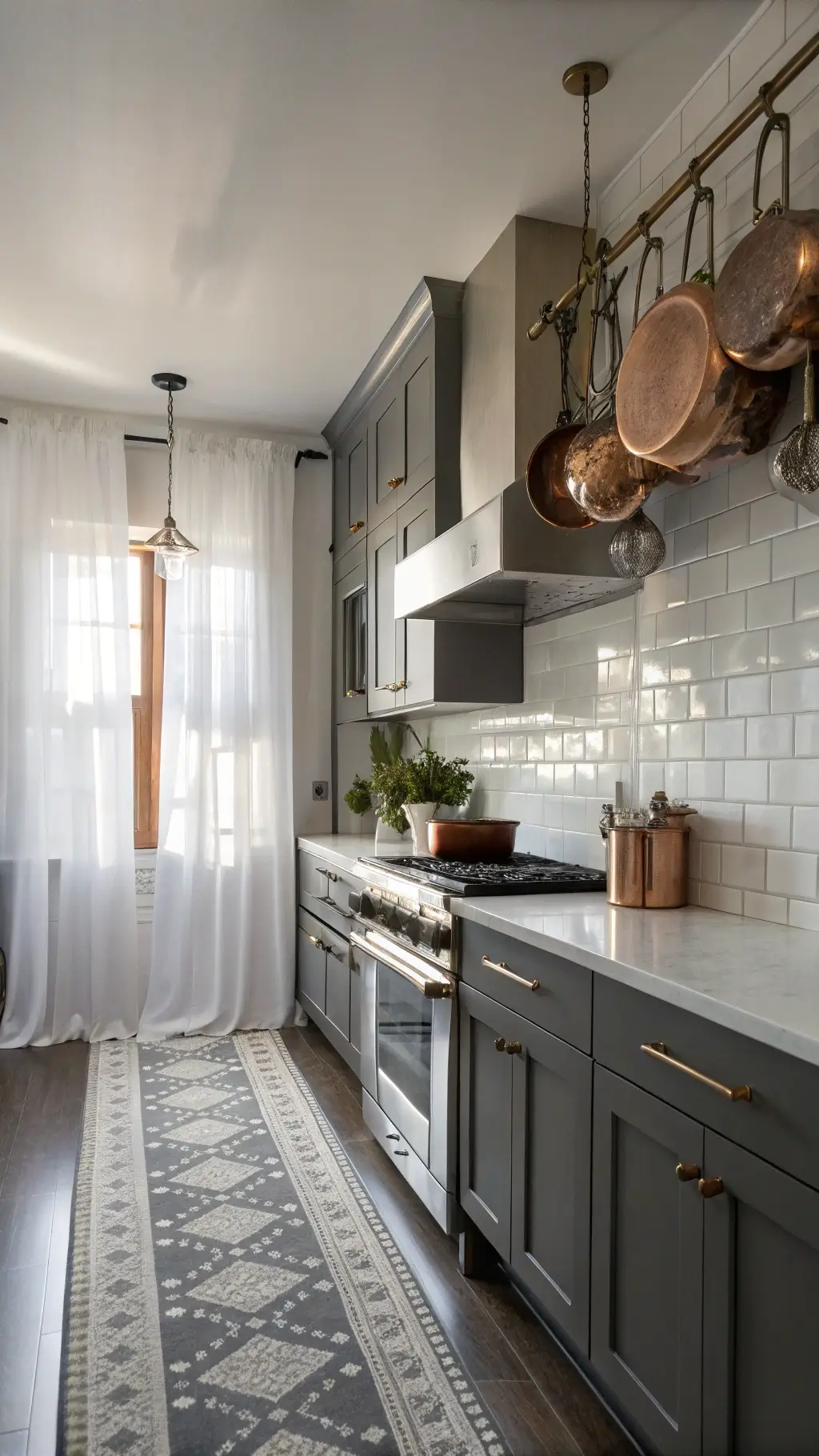 Charcoal grey galley kitchen with shaker cabinets, stainless appliances, white subway tiles, and copper cookware under soft lighting.