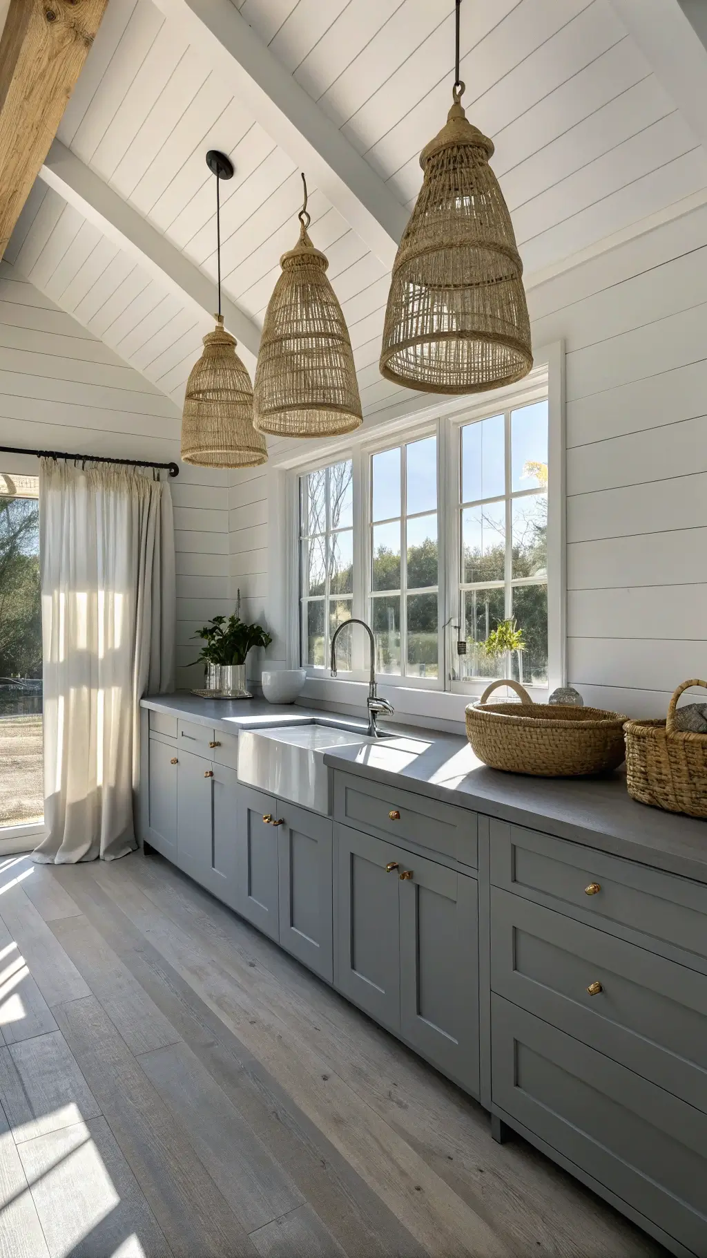 Coastal kitchen with slate grey cabinets, white shiplap walls, farmhouse sink under window, rattan lighting, and pale oak floors, viewed from above in natural light.