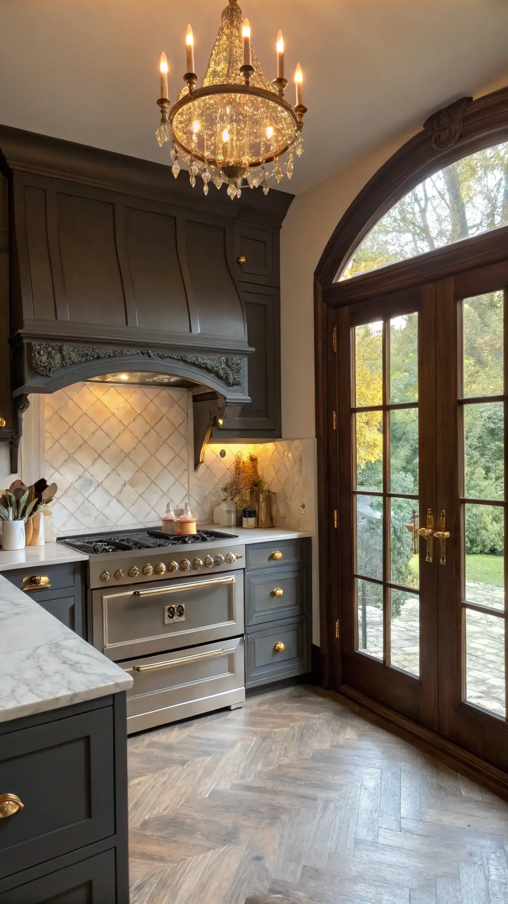 Traditional-modern fusion kitchen with charcoal grey cabinets, cream Aga range, crystal chandelier, and marble herringbone backsplash, bathed in warm afternoon light from arched windows.