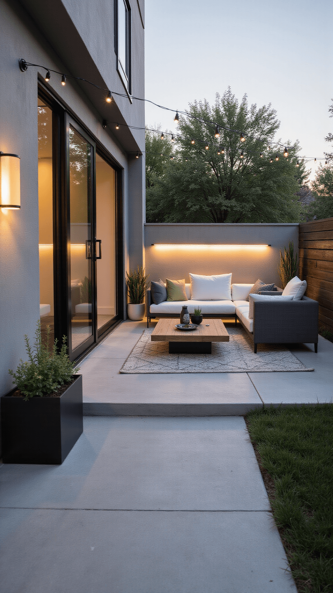 Modern minimalist patio at golden hour with concrete flooring, sleek charcoal sectional, geometric rug, and glowing LED strip lights.