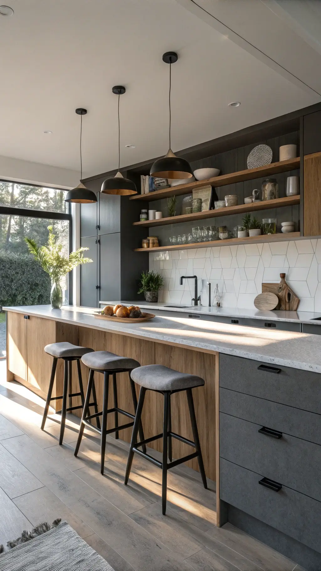 Scandinavian-style kitchen with dark grey cabinets, natural wood accents, and white oak shelves displaying ceramics; early morning light casts shadows, sheepskin barstools at the counter, and matte black fixtures add contrast.