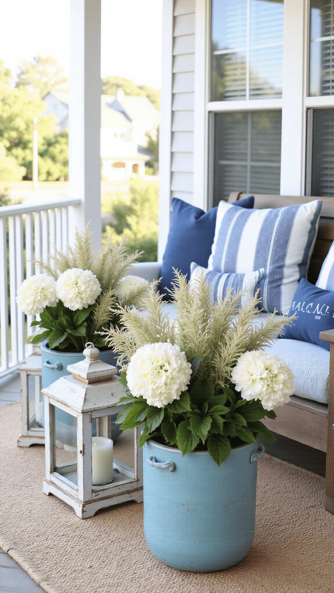Coastal chic balcony with teak loveseat, navy striped cushions, blue planters of hydrangeas, jute rug, and nautical accents in soft mid-morning light.