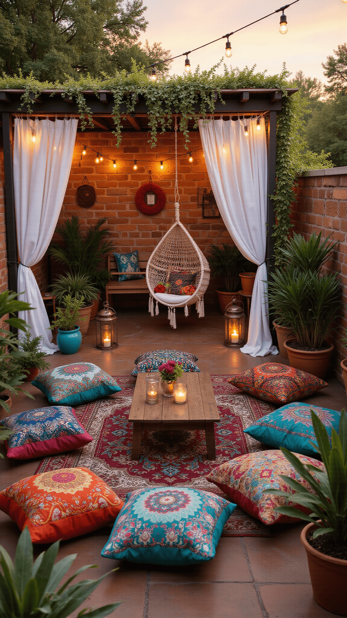 Bohemian terrace at sunset with Moroccan poufs, hanging chair, jewel-toned pillows, lush greenery, and warm ambient lighting, viewed from above.